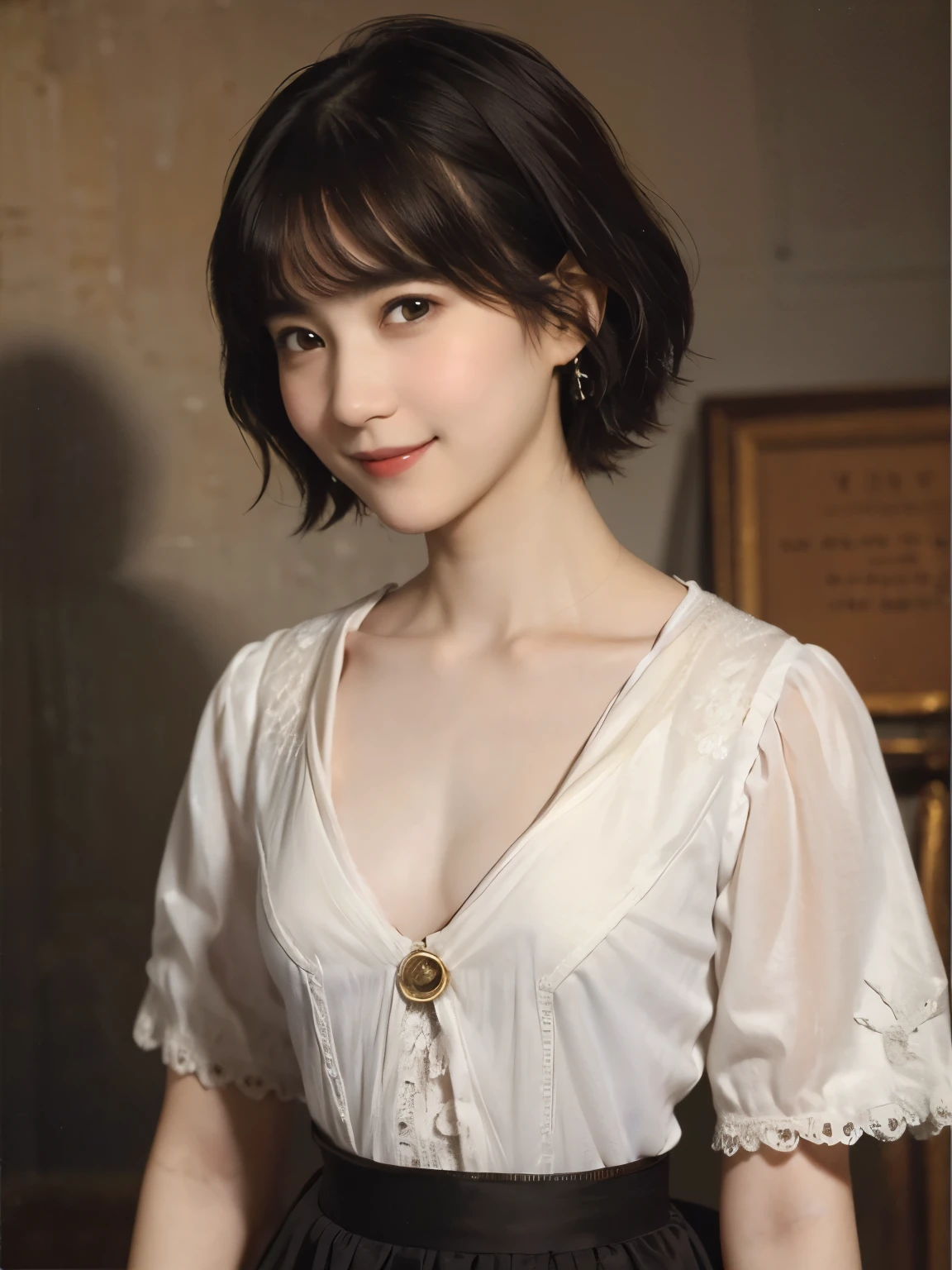 185 short hair, 20 year old female, gentle smile, (rembrandt style painting), (chest:1.46), long skirt