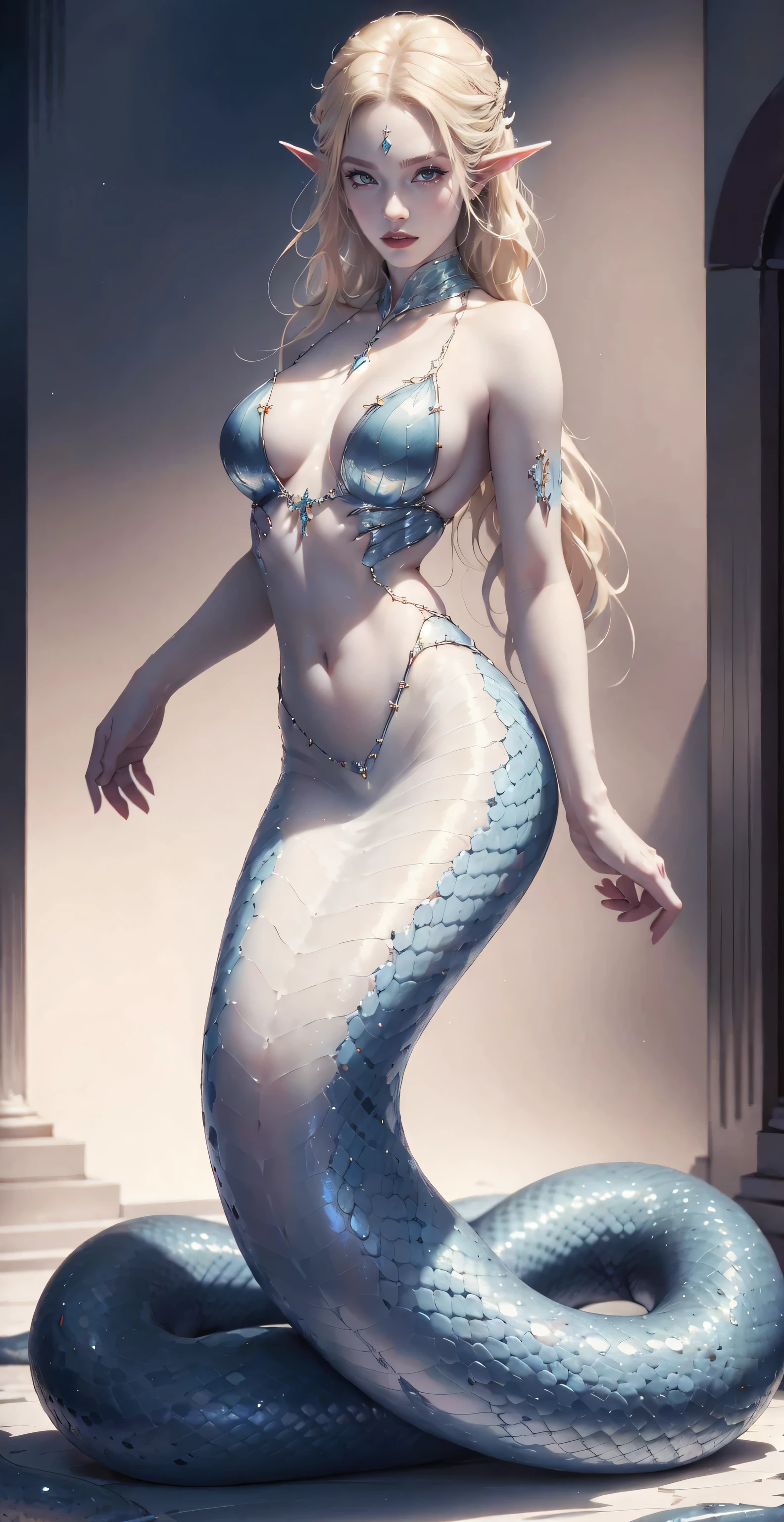 （（masterpiece，best quality，Ultra-clear，original photo，Extremely detailed CG，8K）），Lamia，（Slender snake tail：1.3），Beautiful elf girl，long golden hair，exquisite eyes，Detailed face，Detailed hands，Smooth and delicate skin，skin glow，（Big breasts and thin waist），Beautiful white snake scales，High resolution，（super detailed：1.4），（lifelike：1.2），imagine，dazzled，charm，full-body shot