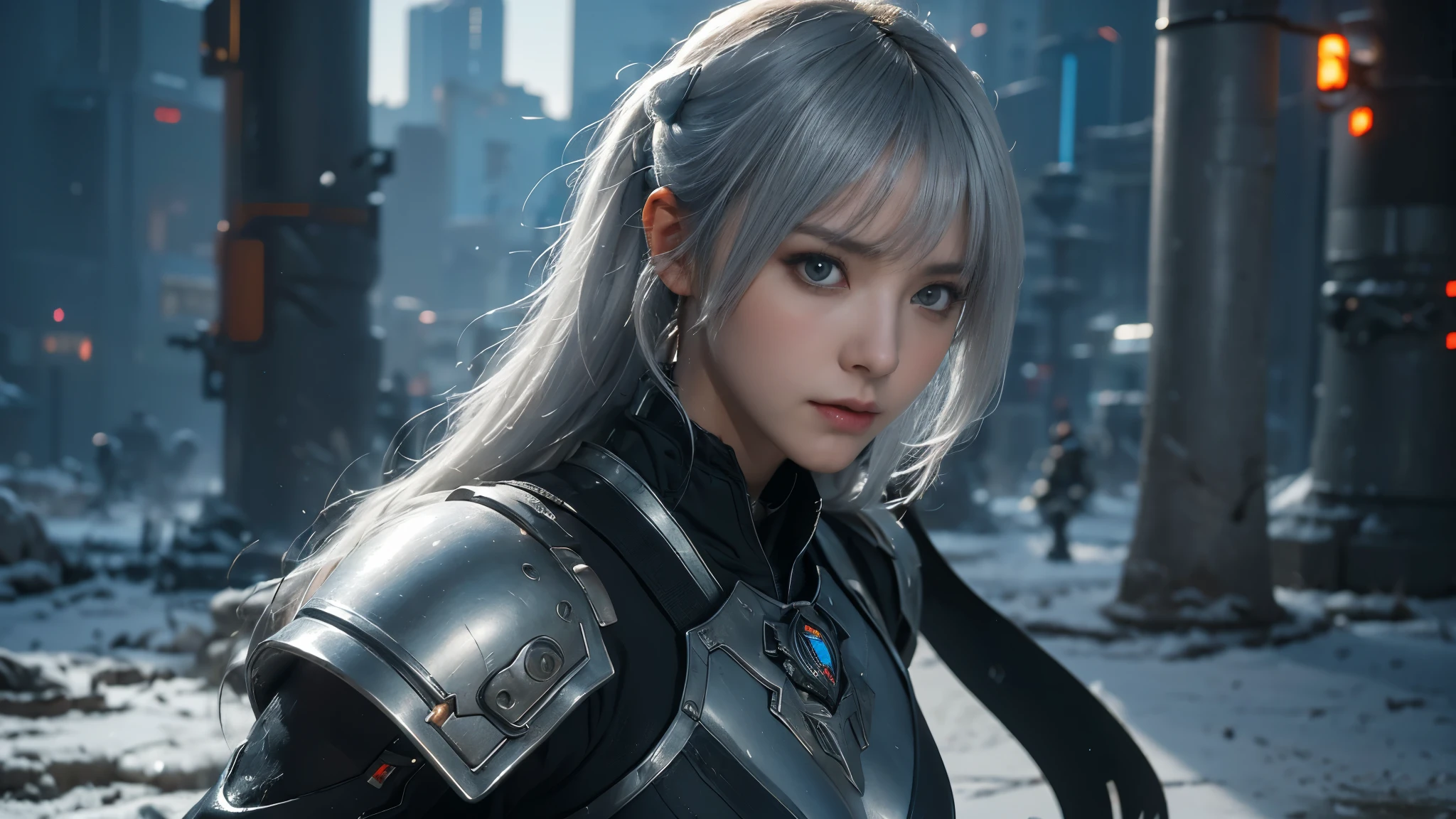 masterpiece,best quality,high resolution,8k,(portrait photo:1.5),(R original photo),real picture,digital photography,(Combination of cyberpunk and fantasy style),(female soldier),20 year old girl,Random hairstyle,through bangs,(red eye breasts, Accessories,Keep your mouth shut,Elegant and charming,Serious and arrogant,Calm and handsome,(Cyberpunk combined with fantasy style clothing,hollow-carved design,big breasts,joint armor,photo poses,Realistic style,gray world background,oc render reflection texture,sentry,fighting stance,white hair,anger