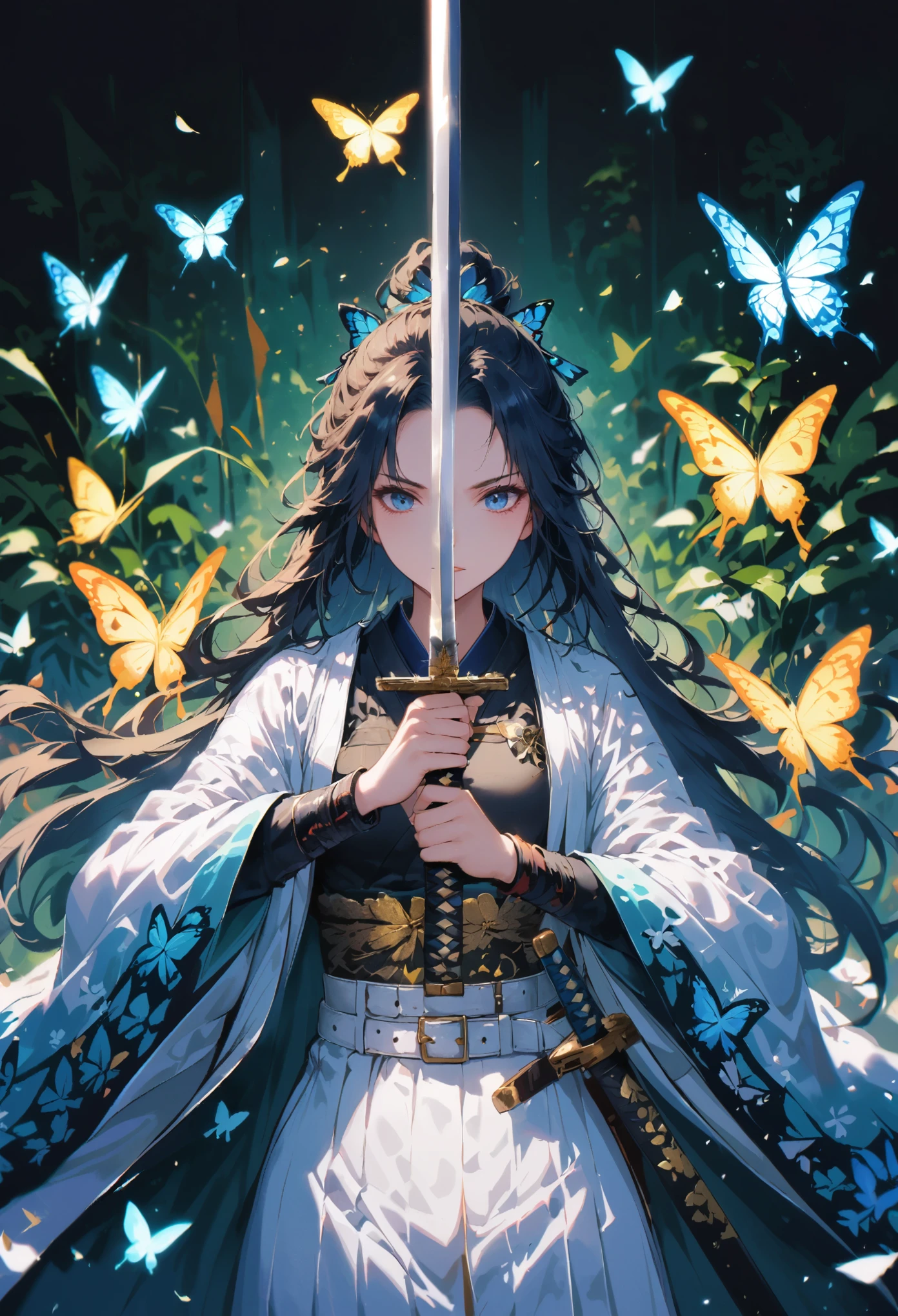 swordsman,1 girl,animal,animal print,belt,belt Buckle up,black hair,blue Butterfly,Buckle up,loopholes,Butterfly,Butterfly hair accessories,Butterfly on hand,Butterfly print,forehead,glowing Butterfly,gradient hair,hair accessories,Haori,Keep,Keep sword,Keep arms,japanese clothes,Samurai sword,Section Chief Ren,long hair,long sleeve,petal,alone,sword,arms,white belt,white Butterfly,wide sleeves,yellow Butterfly,Keep sword with both hands,sword focus