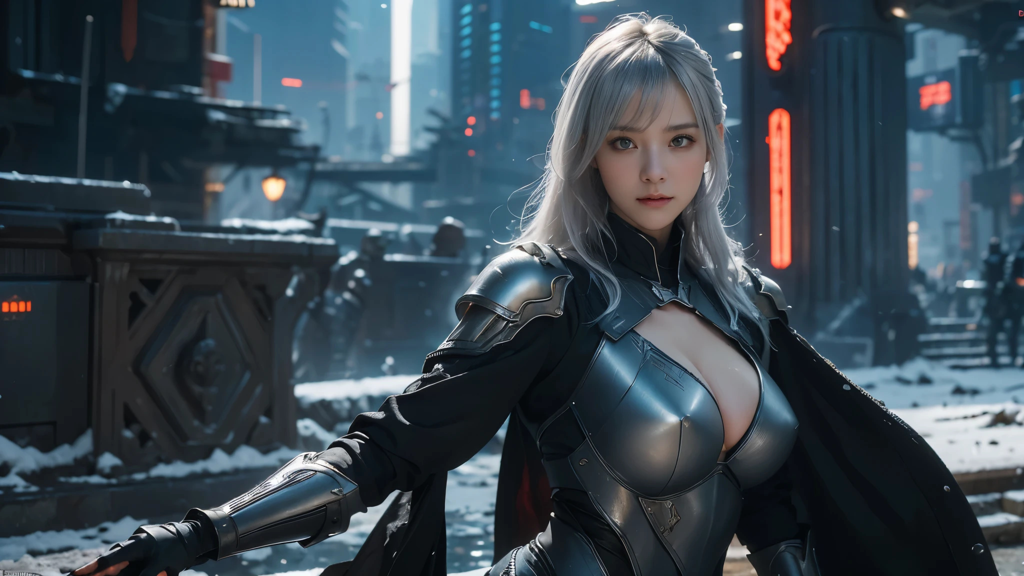 masterpiece,best quality,high resolution,8k,(portrait photo:1.5),(R original photo),real picture,digital photography,(Combination of cyberpunk and fantasy style),(female soldier),20 year old girl,Random hairstyle,through bangs,(red eye breasts, Accessories,Keep your mouth shut,Elegant and charming,Serious and arrogant,Calm and handsome,(Cyberpunk combined with fantasy style clothing,hollow-carved design,big breasts,joint armor,photo poses,Realistic style,gray world background,oc render reflection texture,sentry,fighting stance,white hair,anger