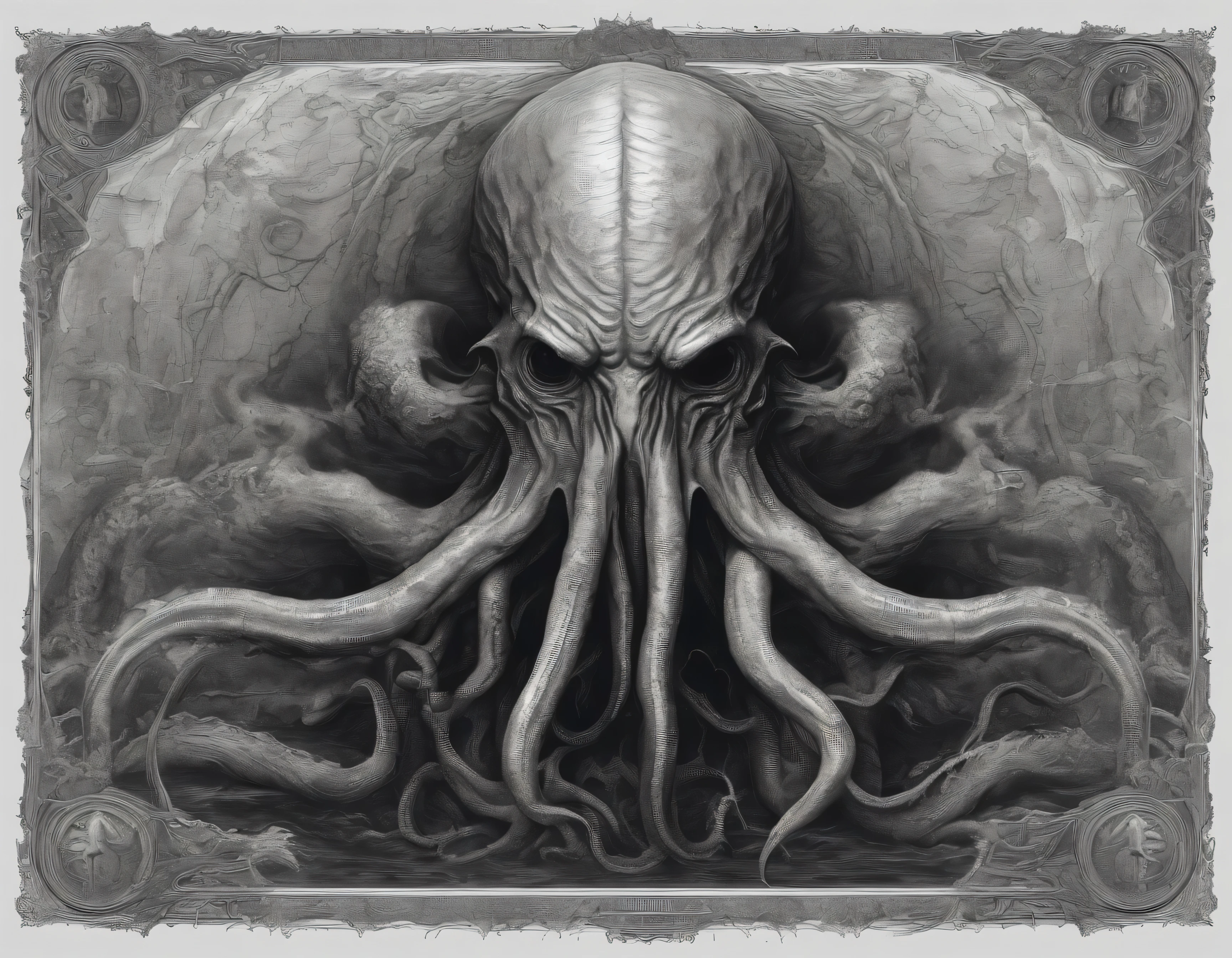 A detailed depth map PNG image of Cthulhu, an homage to H.P. Lovecraft's creation, set against a clean white background, available in both 4k and 8k resolutions, capturing the eldritch horror of the cosmic entity. 16k