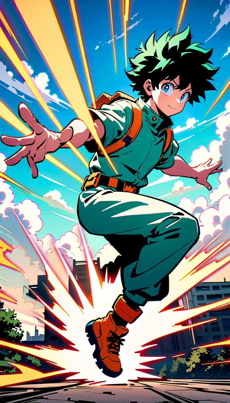 whole body, Izuku Midoriya, Green-haired boy with blue eyes, Wearing a green and white hero costume, Izuku Midoriya出自《my hero academia》, crackling sounds around the hands，Ready to fight, dynamic action poses, Bright blue sky with fluffy clouds background, anime style illustration, 4K resolution, Highly detailed official artwork, Epic comic aesthetics
