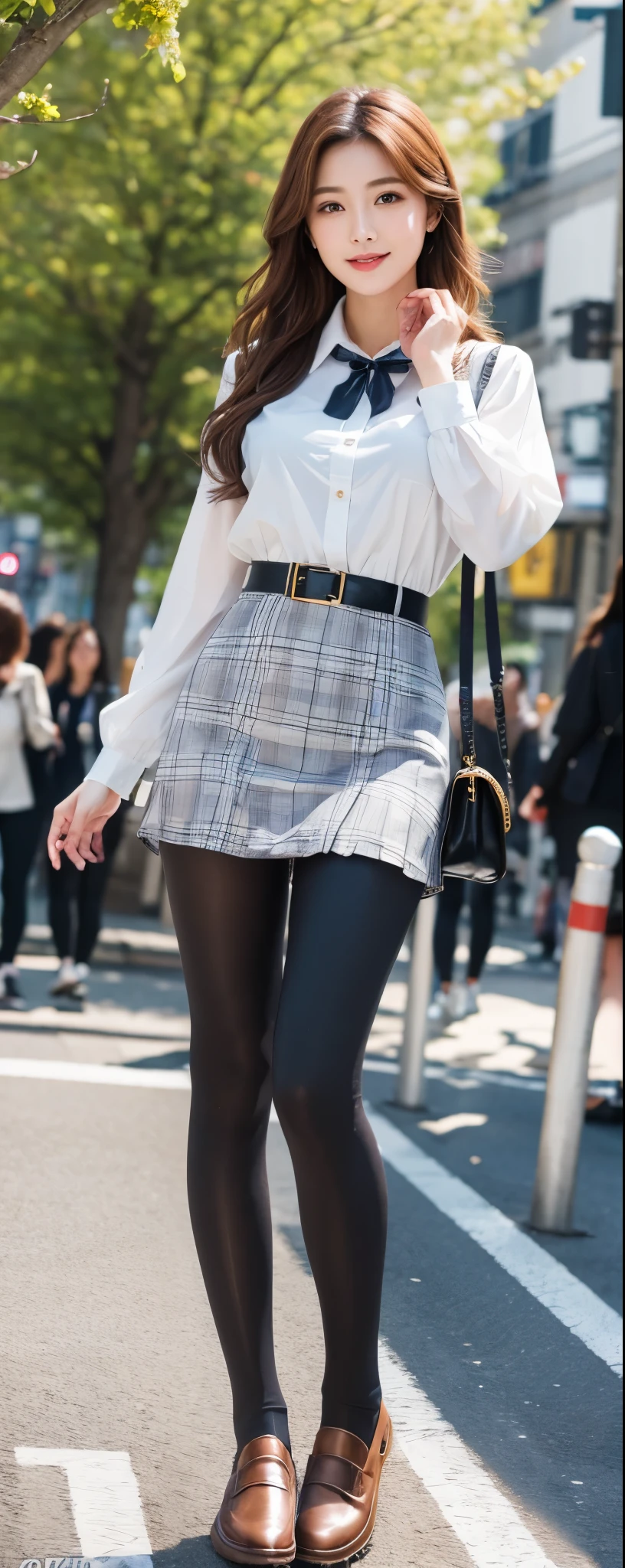 (8k, RAW photos, top quality, masterpiece: 1.2, ultra detailed, super resolution, real photos: 1.37), (Full body photo), 1 noble elegant Japanese lady, (standing contrapposte), spring season, ((tube dress coodinate, pale color plaid pattern, black legging, wearing loafer)), Shiny, Smile, Looks like 1.8 meters tall, large pelvis, Large breasts, big cuvy hips, Thin waist, Long legs, skin hyper-detail, 20 years old, Perfect face, (Detailed facial features), Wavy hair, Daylight, spring season, center of street, crowd of people,