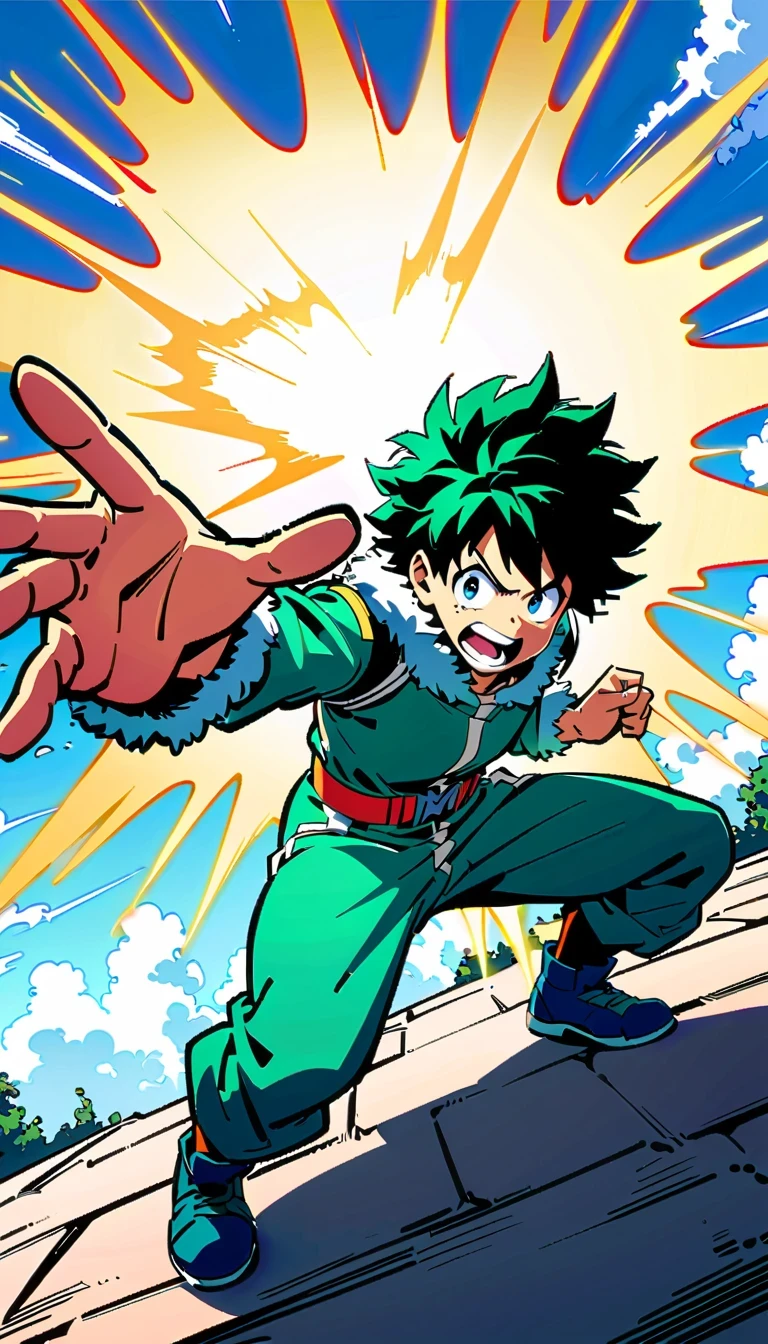whole body, Izuku Midoriya, Green-haired boy with blue eyes, Wearing a green and white hero costume, Izuku Midoriya出自《my hero academia》, crackling sounds around the hands，Ready to fight, dynamic action poses, Bright blue sky with fluffy clouds background, anime style illustration, 4K resolution, Highly detailed official artwork, Epic comic aesthetics
