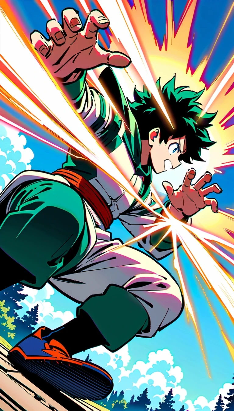 whole body, Izuku Midoriya, Green-haired boy with blue eyes, Wearing a green and white hero costume, Izuku Midoriya出自《my hero academia》, crackling sounds around the hands，Ready to fight, dynamic action poses, Bright blue sky with fluffy clouds background, anime style illustration, 4K resolution, Highly detailed official artwork, Epic comic aesthetics
