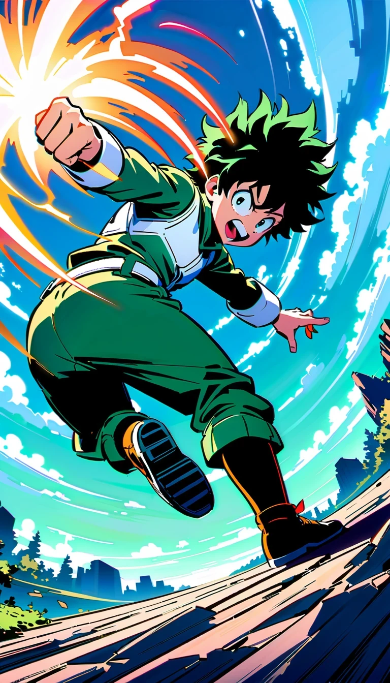 whole body, Izuku Midoriya, Green-haired boy with blue eyes, Wearing a green and white hero costume, Izuku Midoriya出自《my hero academia》, crackling sounds around the hands,Ready to fight, dynamic action poses, Bright blue sky with fluffy clouds background, anime style illustration, 4K resolution, Highly detailed official artwork, Epic comic aesthetics