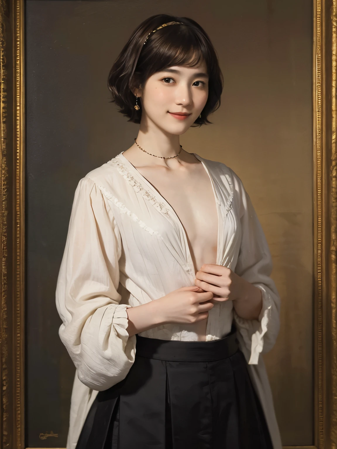 183 Short hair, 20 year old female, gentle smile, (rembrandt style painting), (chest:1.2), whole body
