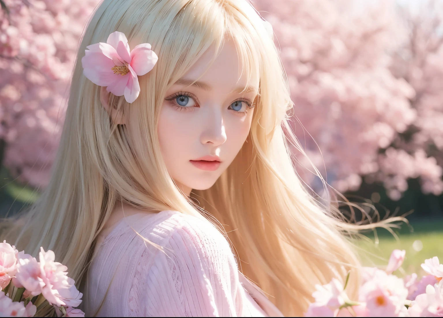 girl with long blonde hair and blue eyes in a field of flowers, beautiful girl, beautiful portrait, style 4 k, pretty girl, beautiful style, blonde girl with long hair, beautiful woman, beautiful cute girl, cute girl portraits, young girl, beautiful face