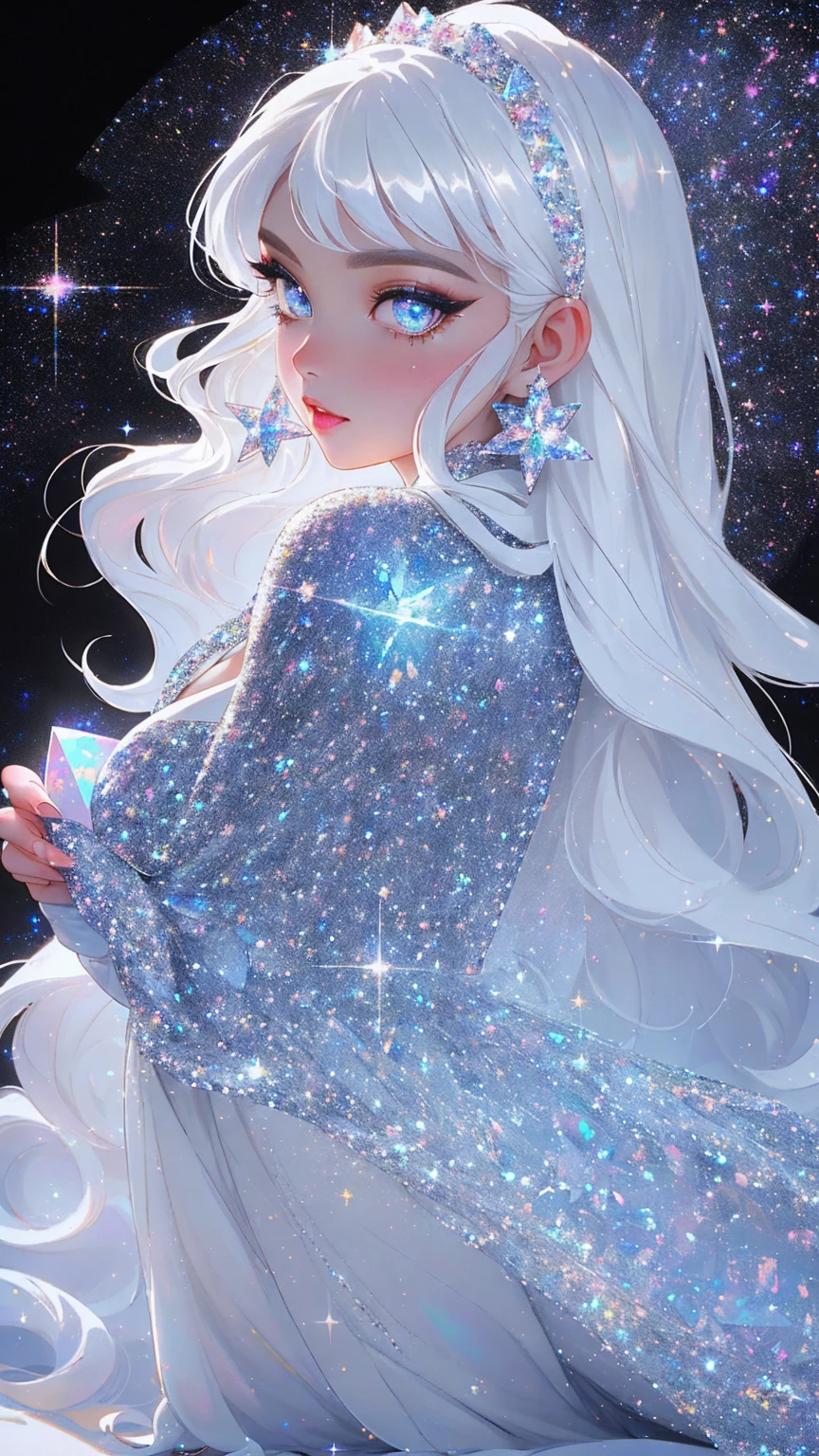{-erro_de_anatomia:1.0} masterpiece, highest quality, (perfect face:1.1, (high detail)1.1, sweet stardust vampire , long soft white hair, opal eyes, perfectly drawn face, black dress, stars detailed background, prismatic lighting, glitter, whole bod., Very sexy, kneeling holding a crystal star in her hands, backwards, looking back