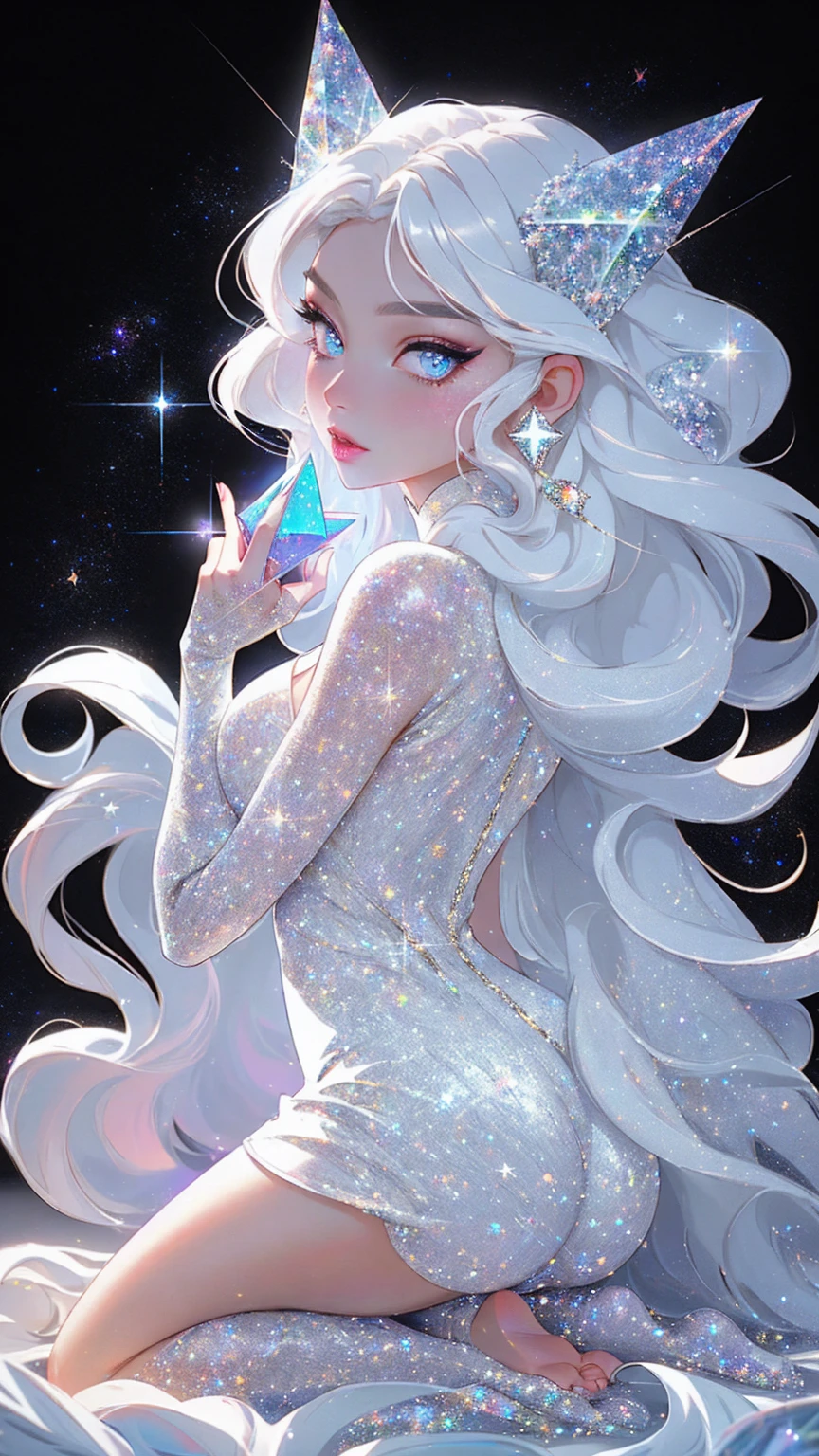 {-erro_de_anatomia:1.0} masterpiece, highest quality, (perfect face:1.1, (high detail)1.1, sweet stardust vampire , long soft white hair, opal eyes, perfectly drawn face, black dress, stars detailed background, prismatic lighting, glitter, whole bod., Very sexy, kneeling holding a crystal star in her hands, backwards, looking back
