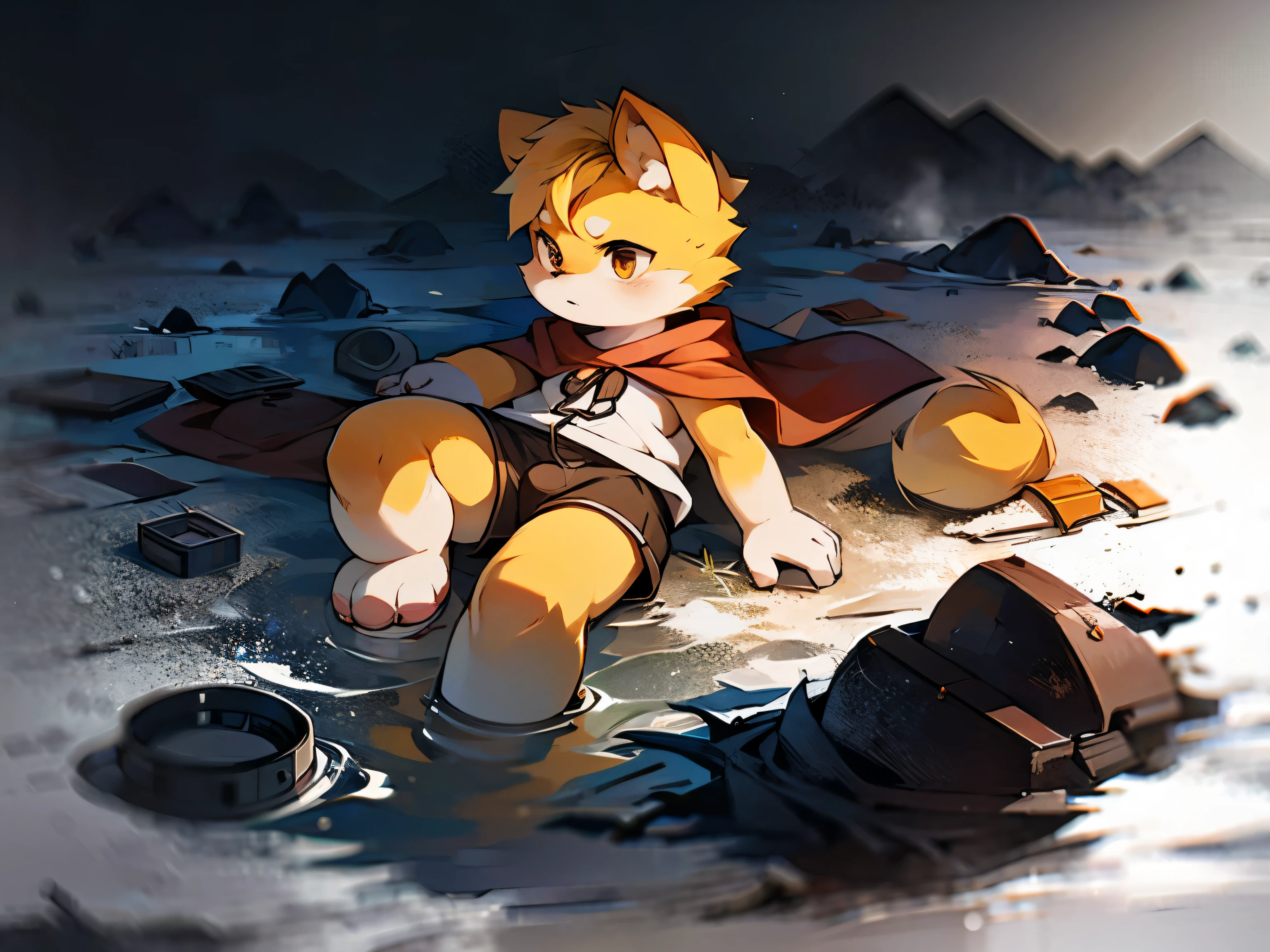 photo，alone，male，juvenile，Orange Shiba Inu，brown cloak，White short sleeves，adventurer，Brown shorts，Repressive background，black mist wasteland，Surrounded by black fog，lie on the floor，anger，Sliding shovel