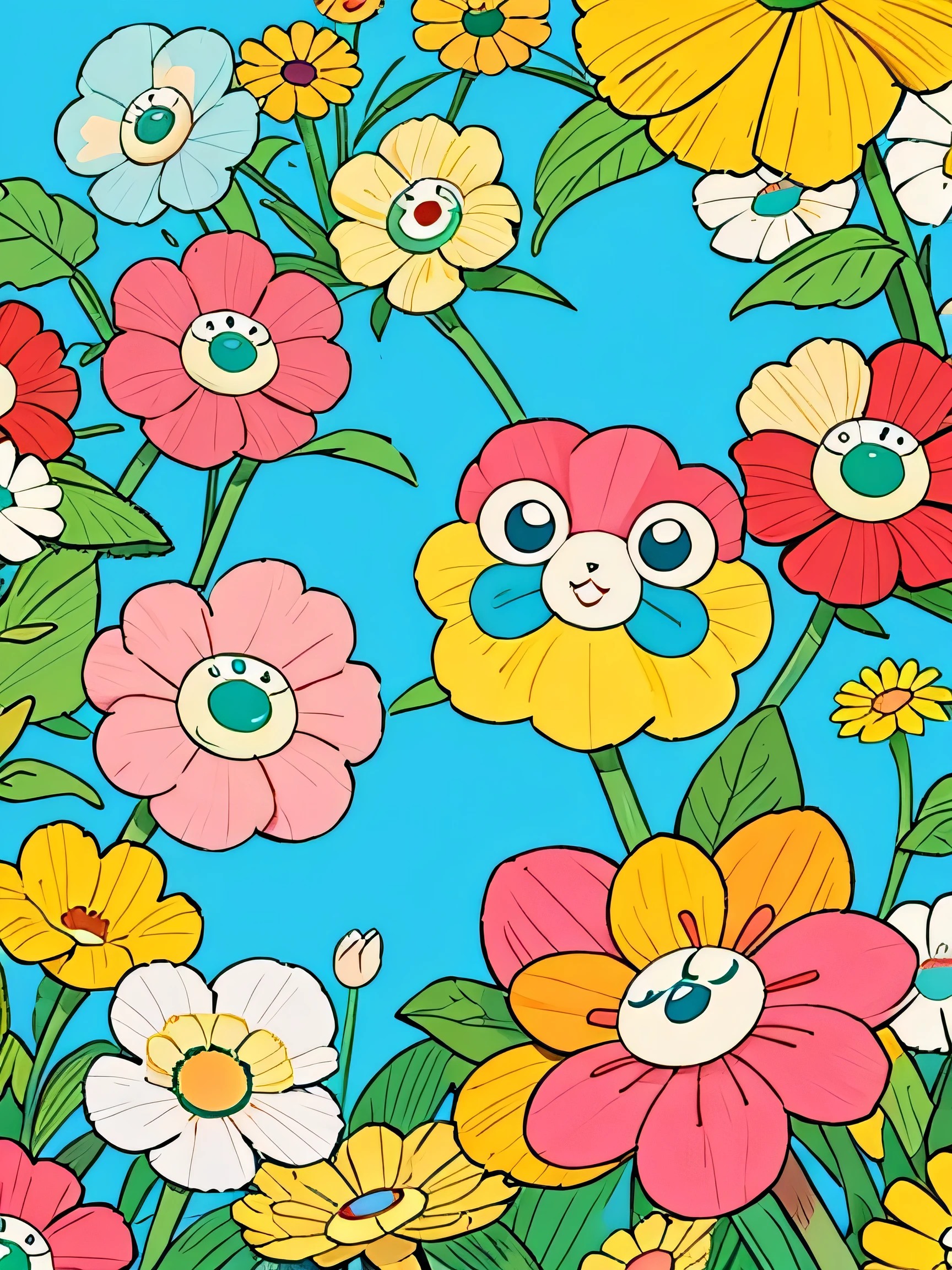 Takashi Murakami style, Kawaii Design, colorful flowers、 beautiful spring afternoon