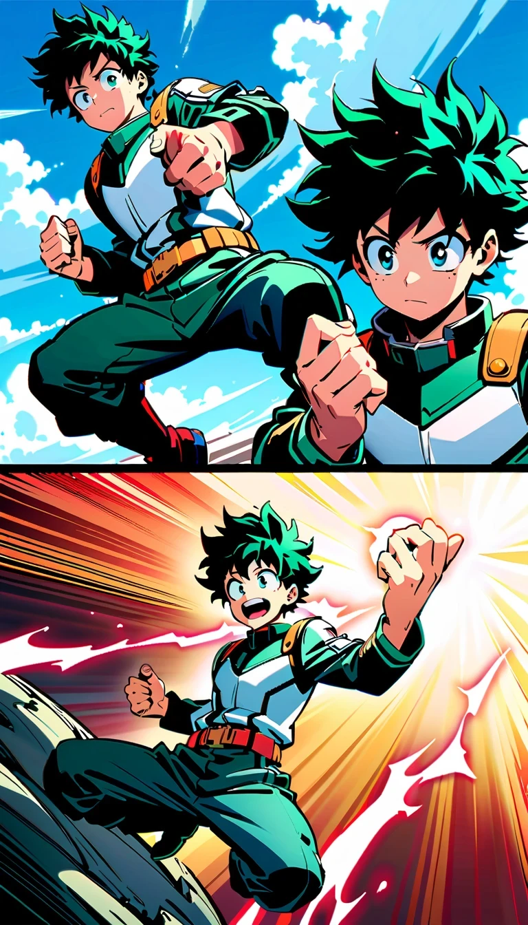 whole body, Izuku Midoriya, Green-haired boy with blue eyes, Wearing a green and white hero costume, Izuku Midoriya出自《my hero academia》, crackling sounds around the hands,Ready to fight, dynamic action poses, Bright blue sky with fluffy clouds background, anime style illustration, 4K resolution, Highly detailed official artwork, Epic comic aesthetics