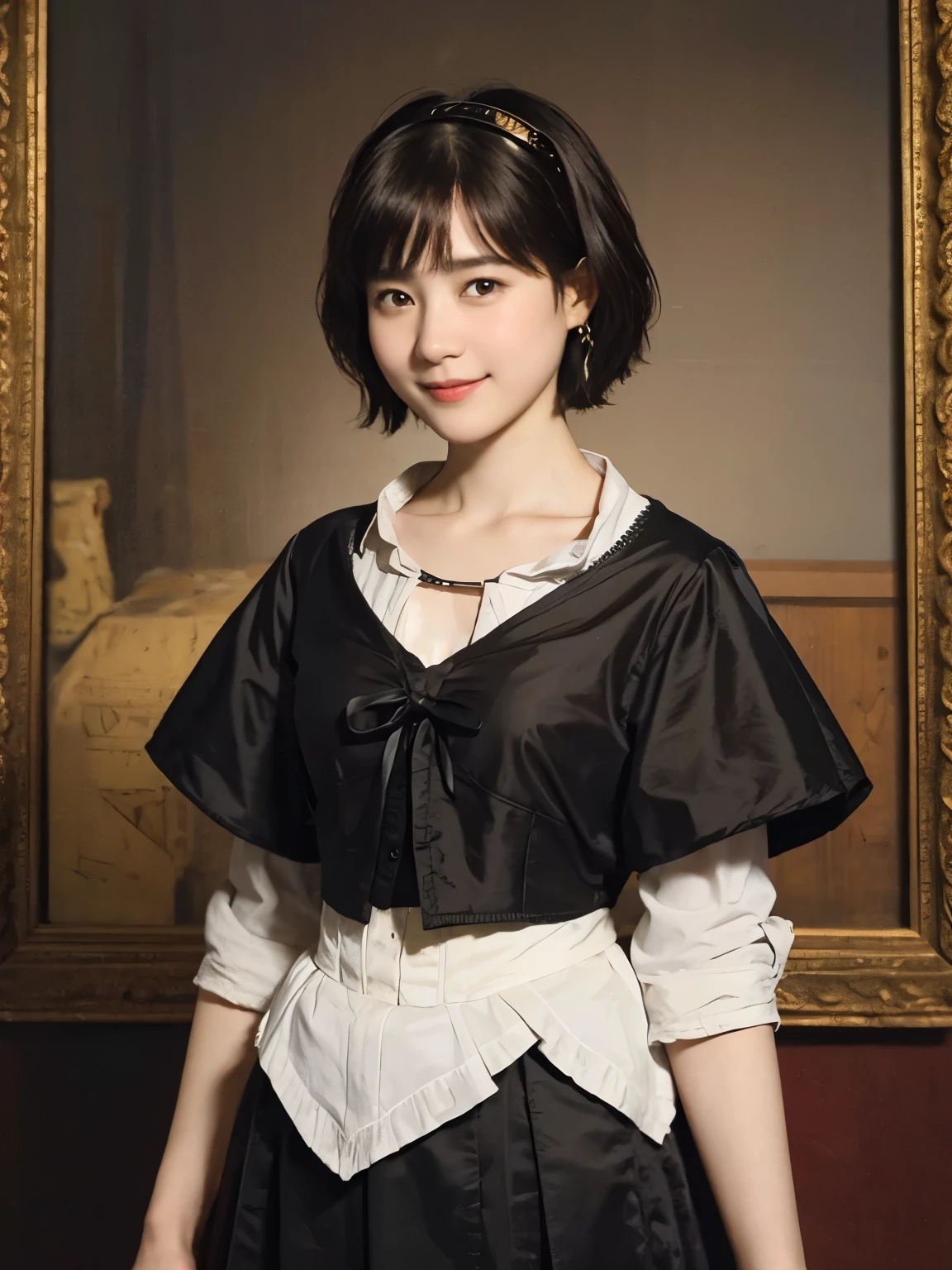 185 short hair, 20 year old female, gentle smile, (rembrandt style painting), (chest:1.46), long skirt
