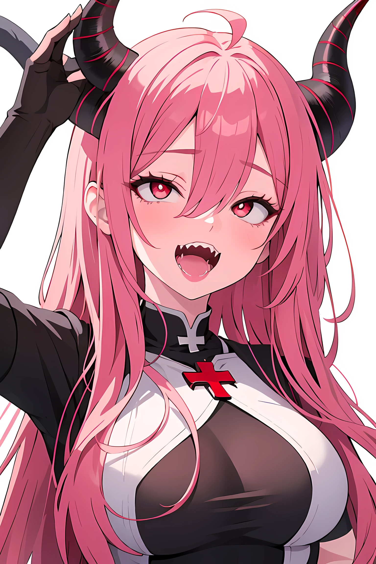 1girl, solo, long hair, breasts, looking at viewer, open mouth, simple background, shirt, red eyes, hair between eyes, upper body, pink hair, horns, teeth, symbol-shaped pupils, fangs, cat, sharp teeth, demon horns, meme, red horns, cross-shaped pupils, white cat, power \(chainsaw man\)
