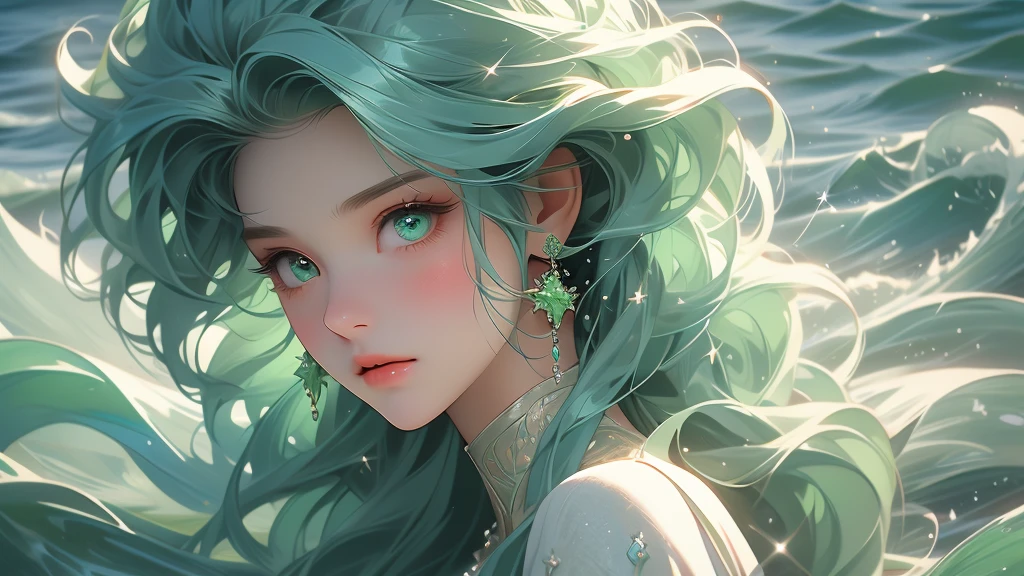 (best quality,ultra-detailed,realistic),portraits,medium:oil painting,(HDR,studio lighting),vivid colors,sharp focus,physically-based rendering,(A lovely siren),beautiful detailed eyes,beautiful detailed lips,extremely detailed eyes and face,long eyelashes,(light green skin),(aquamarine eyes),blue-green color tones on the face,(coke bottle figure),(blessed proportions),(sea foam green hair ankle length),flowing hair,(dressed in tatters),tattered clothing flowing in the wind,(age 20),serene expression,graceful pose,emerging from the ocean,sparkling water droplets on skin and hair,faint shimmering scales on the legs,gentle waves in the background,strands of seaweed entwined in the hair