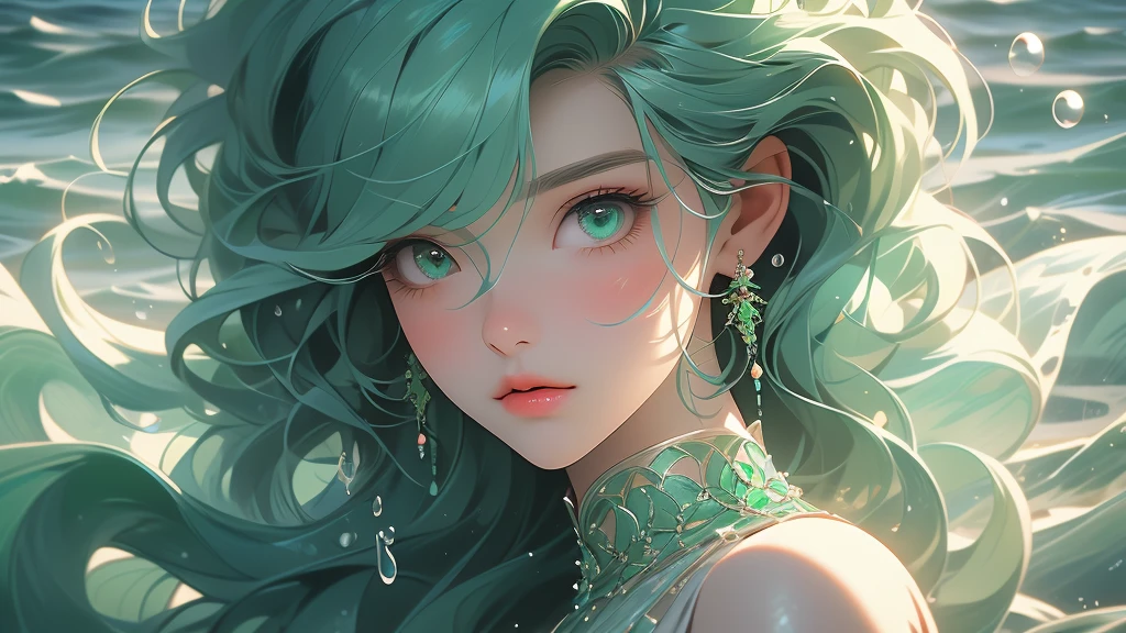 (best quality,ultra-detailed,realistic),portraits,medium:oil painting,(HDR,studio lighting),vivid colors,sharp focus,physically-based rendering,(A lovely siren),beautiful detailed eyes,beautiful detailed lips,extremely detailed eyes and face,long eyelashes,(light green skin),(aquamarine eyes),blue-green color tones on the face,(coke bottle figure),(blessed proportions),(sea foam green hair ankle length),flowing hair,(dressed in tatters),tattered clothing flowing in the wind,(age 20),serene expression,graceful pose,emerging from the ocean,sparkling water droplets on skin and hair,faint shimmering scales on the legs,gentle waves in the background,strands of seaweed entwined in the hair