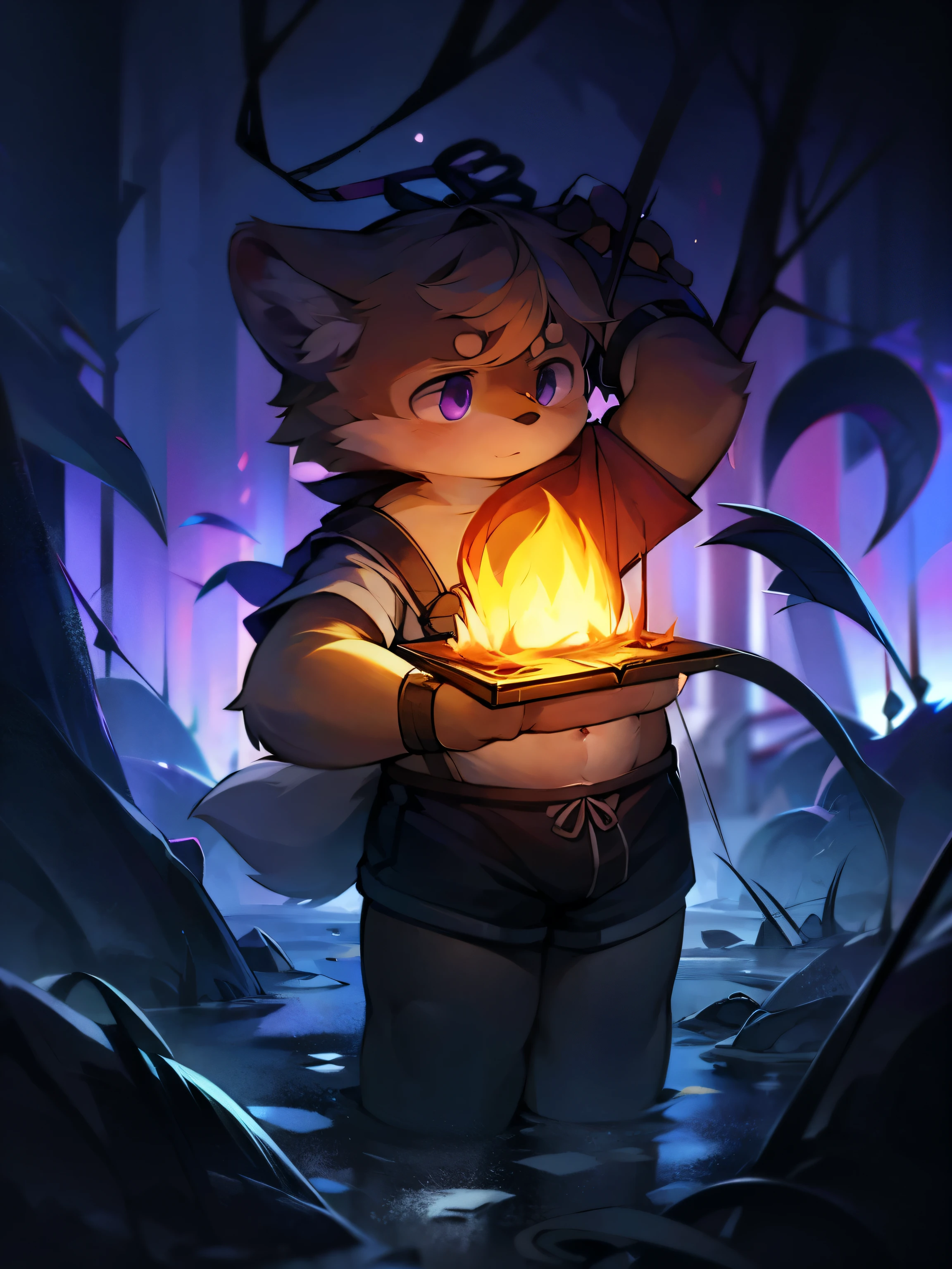 Close-up of demonic creature with purple light above its head,Orange Shiba Inu,身体被Black fog entangled,Fallen Warrior,The warrior swallowed by darkness,monster concept art, terrible hatred, terrible god,black tentacles,broken armor,Brown shorts,struggle,????????,Confused,black mist wasteland,Black fog entangled