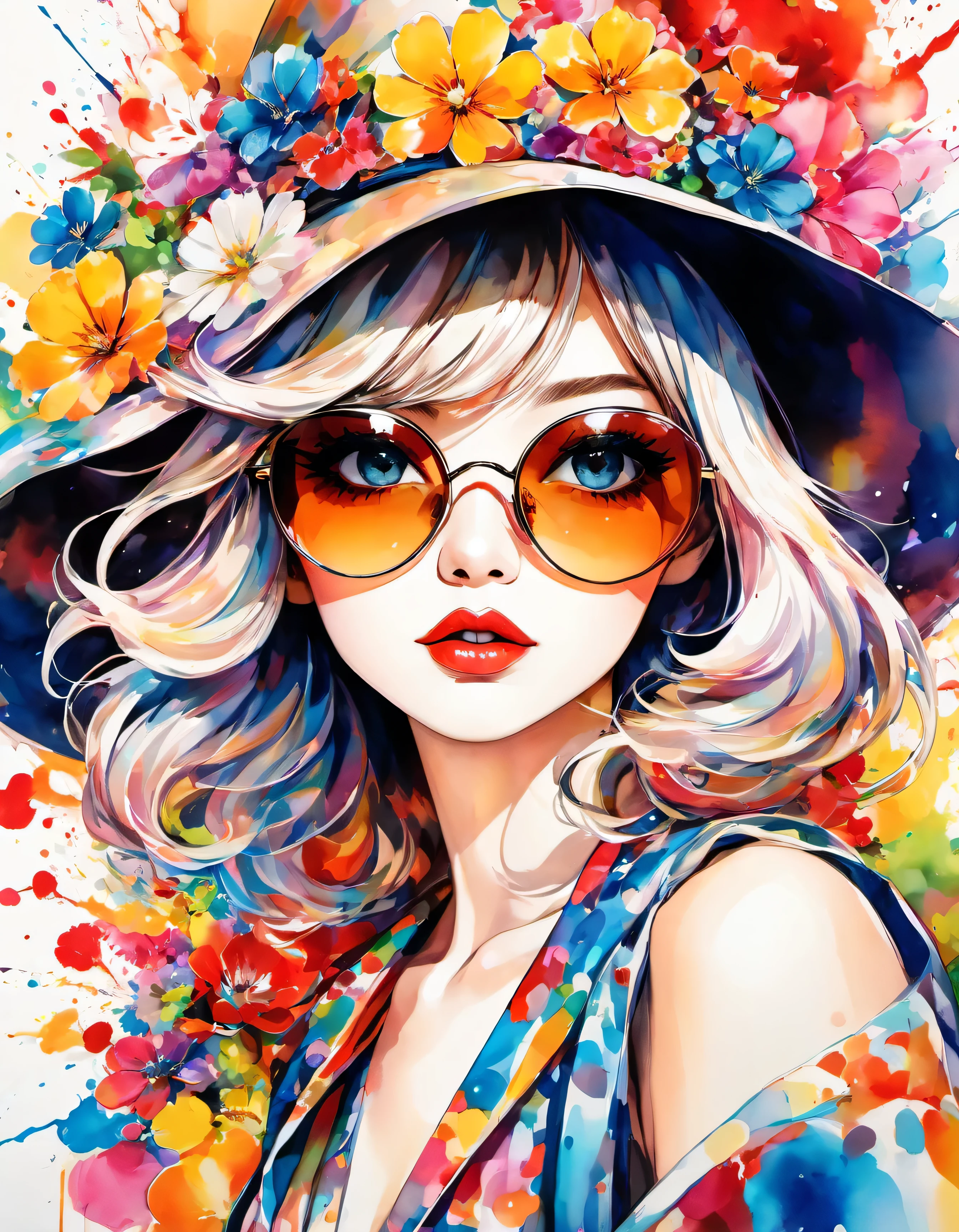 beautiful woman portrait, Sylvia Pelissero watercolors, colorful flowers、beautiful eyes、 abstract art, intense watercolor, watercolor detailed art, watercolor splash, surreal, avant-garde pop art, Beautiful and expressive paintings, Beautiful artwork illustration, very colorful tones, wonderful, cool beauty, highest quality,official art, women only, sharp outline, best shot, vector art, lips in love、Fashionable hats、Stylish sunglasses、 (((The strongest beautiful girl of all time))), (((Japanese)))、Idol、clear, Fashionable hats, (((highest quality))), bob hair, lips in love, HDR, ((Detailed details)), stylish fashion, detailed clothing texture, (((graffiti art))), colorful hair, ((masterpiece))、((Super detailed))