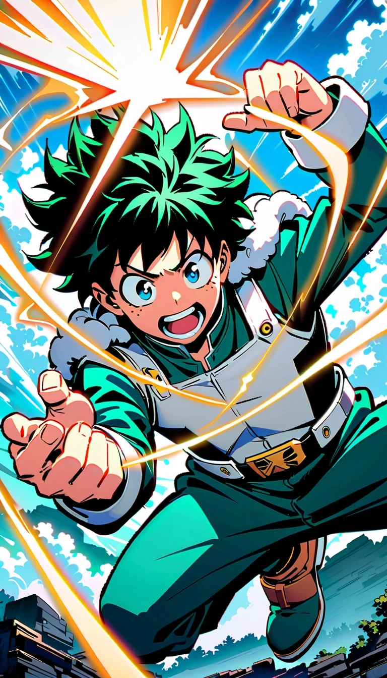 whole body, Izuku Midoriya, Green-haired boy with blue eyes, Wearing a green and white hero costume, Izuku Midoriya出自《my hero academia》, crackling sounds around the hands，Ready to fight, dynamic action poses, Bright blue sky with fluffy clouds background, anime style illustration, 4K resolution, Highly detailed official artwork, Epic comic aesthetics

