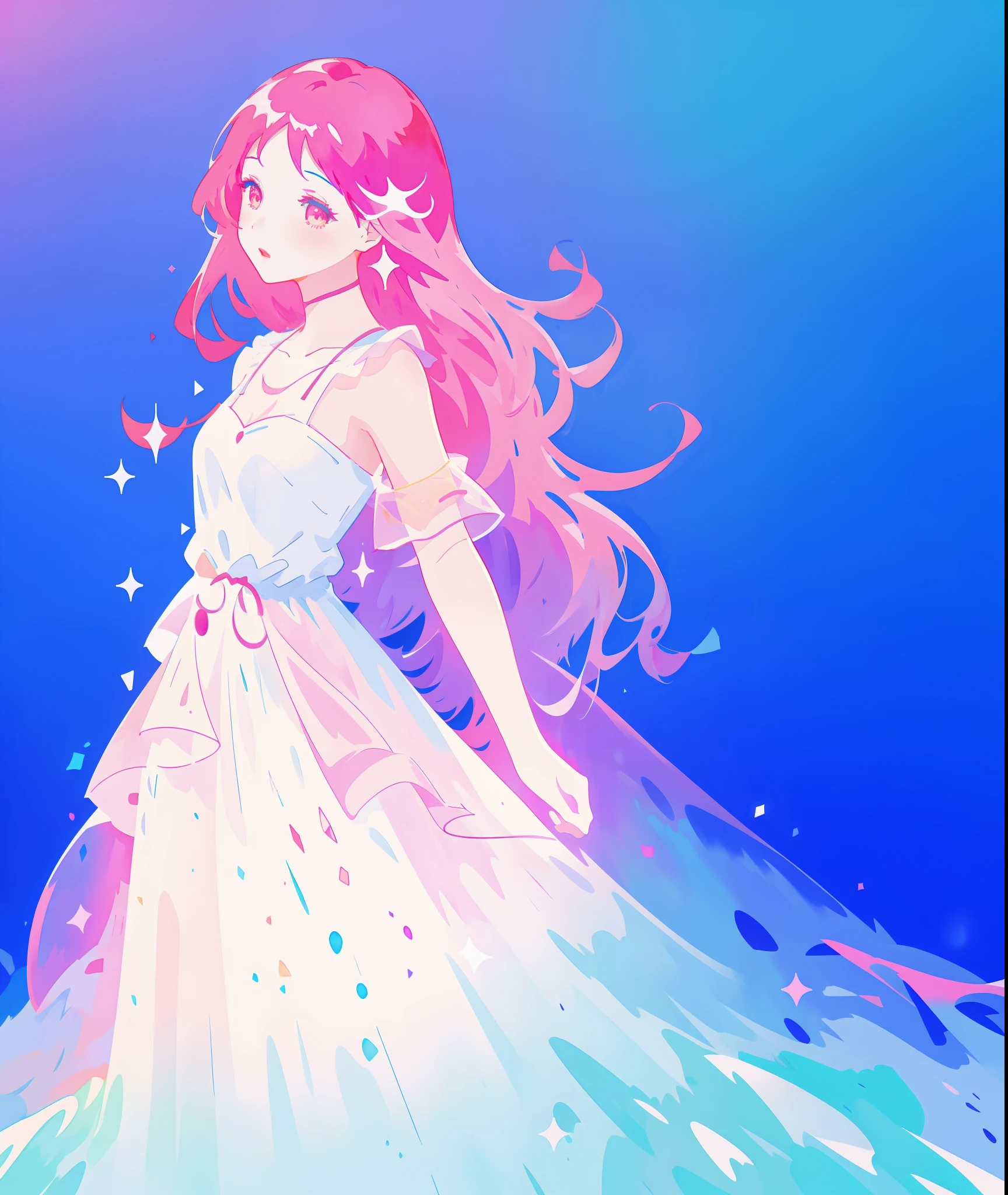 beautiful girl in sparkling flowing gradient layered liquid dress, long flowing dark pink hair, colorful fantasia background, watercolor illustration, disney art style, glowing aura around her, glowing lights, beautiful digital illustration, beautiful, masterpiece, best quality, anime disney style