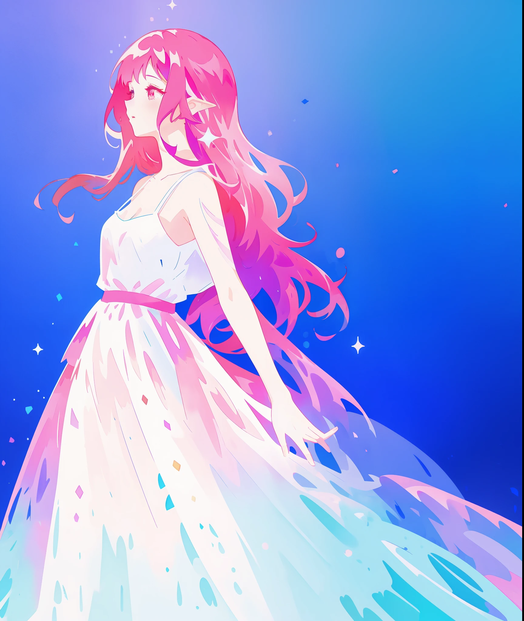 beautiful girl in sparkling flowing gradient layered liquid dress, long flowing dark pink hair, colorful fantasia background, watercolor illustration, disney art style, glowing aura around her, glowing lights, beautiful digital illustration, beautiful, masterpiece, best quality, anime disney style