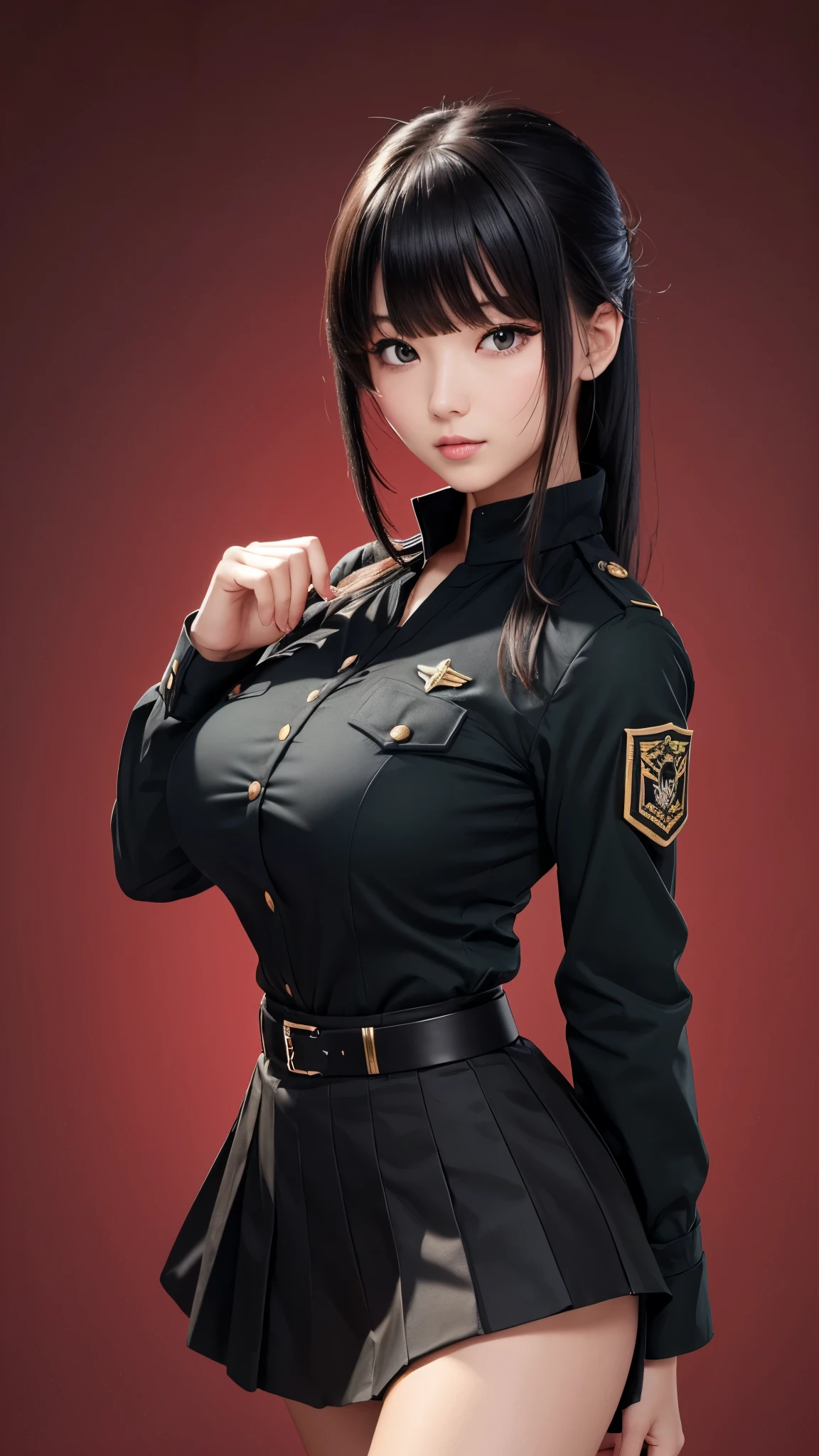 ((solid color background)), ((8k)), (detailed face), (highlight), female、Big breasts、blunt bangs、black hair、combat uniform、skirt、