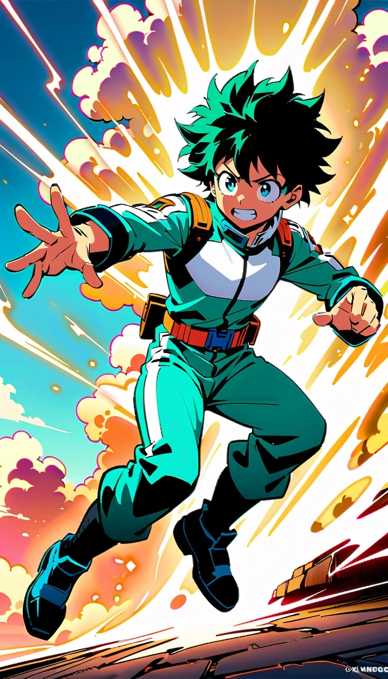 whole body, Izuku Midoriya, Green-haired boy with blue eyes, Wearing a green and white hero costume, Izuku Midoriya出自《my hero academia》, crackling sounds around the hands，Ready to fight, dynamic action poses, Bright blue sky with fluffy clouds background, anime style illustration, 4K resolution, Highly detailed official artwork, Epic comic aesthetics
