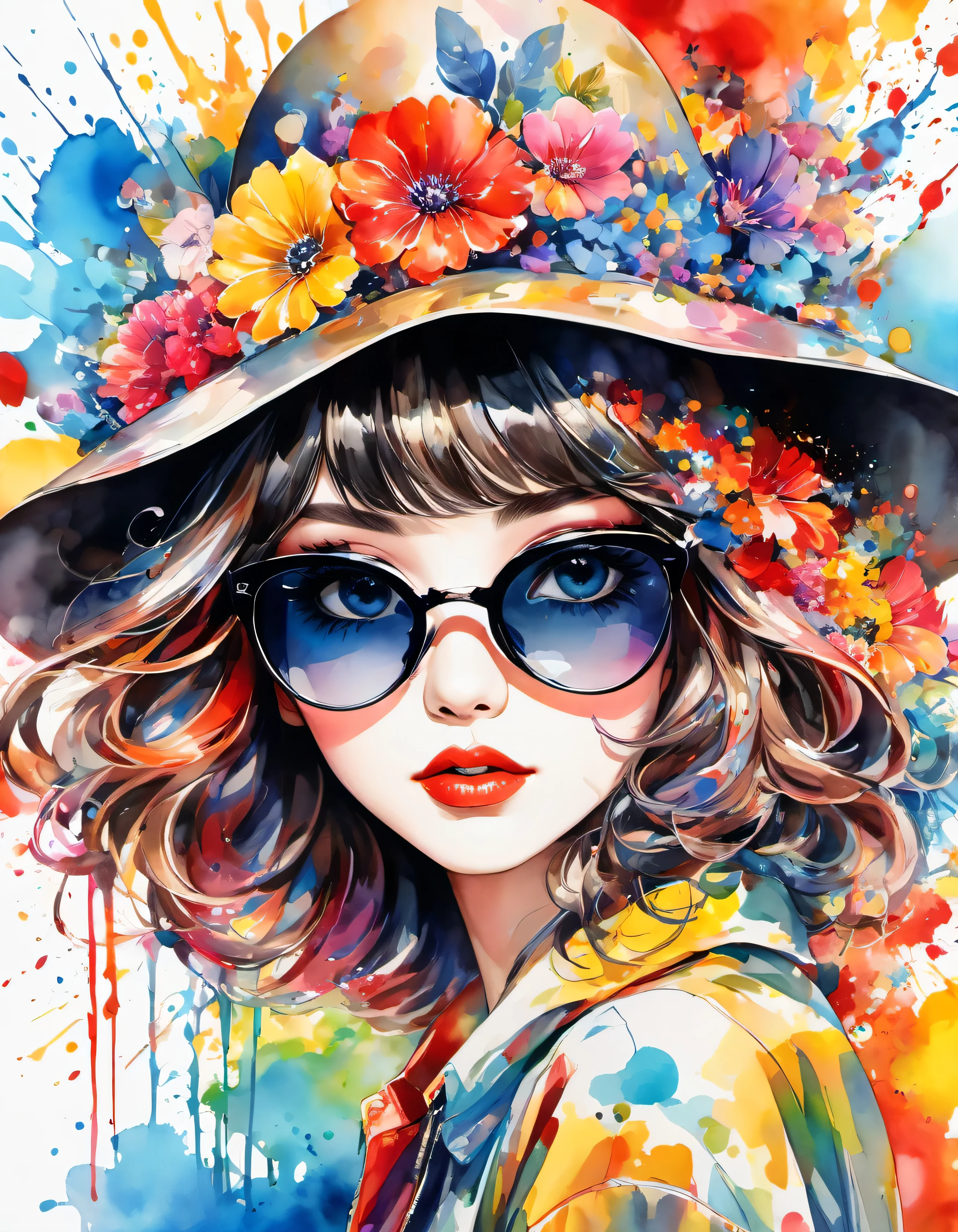 beautiful woman portrait, Sylvia Pelissero watercolors, colorful flowers、beautiful eyes、 abstract art, intense watercolor, watercolor detailed art, watercolor splash, surreal, avant-garde pop art, Beautiful and expressive paintings, Beautiful artwork illustration, very colorful tones, wonderful, cool beauty, highest quality,official art, women only, sharp outline, best shot, vector art, lips in love、Fashionable hats、Stylish sunglasses、 (((The strongest beautiful girl of all time))), (((Japanese)))、Idol、clear, Fashionable hats, (((highest quality))), bob hair, lips in love, HDR, ((Detailed details)), stylish fashion, detailed clothing texture, (((graffiti art))), colorful hair, ((masterpiece))、((Super detailed))