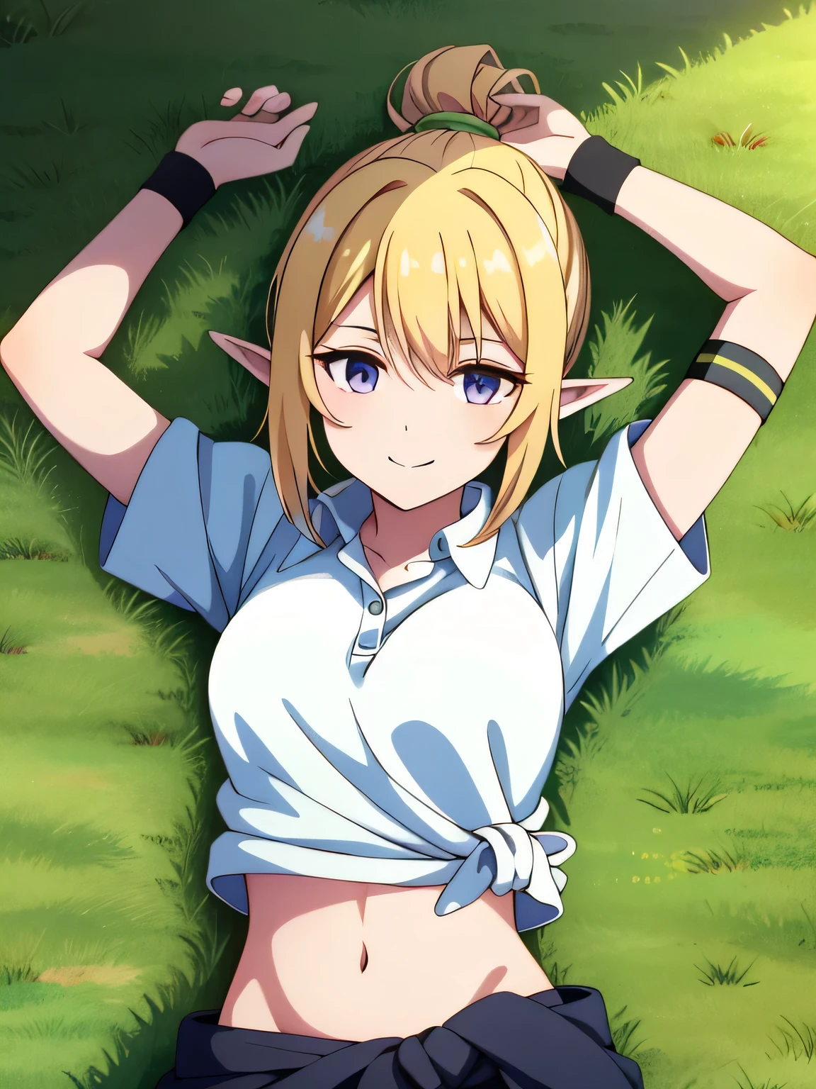 chloefes, ponytail, purple eyes, blonde hair, pointy ears, white shirt, clothes around waist, shorts, black shorts, navel, midriff, wristband, sleeves rolled up, collared shirt, solo, lying, closed mouth, solo, spread arms, arms up, smile, lying, on back, on grass, looking at viewer, solo, in the center, cowboy shot, high quality,