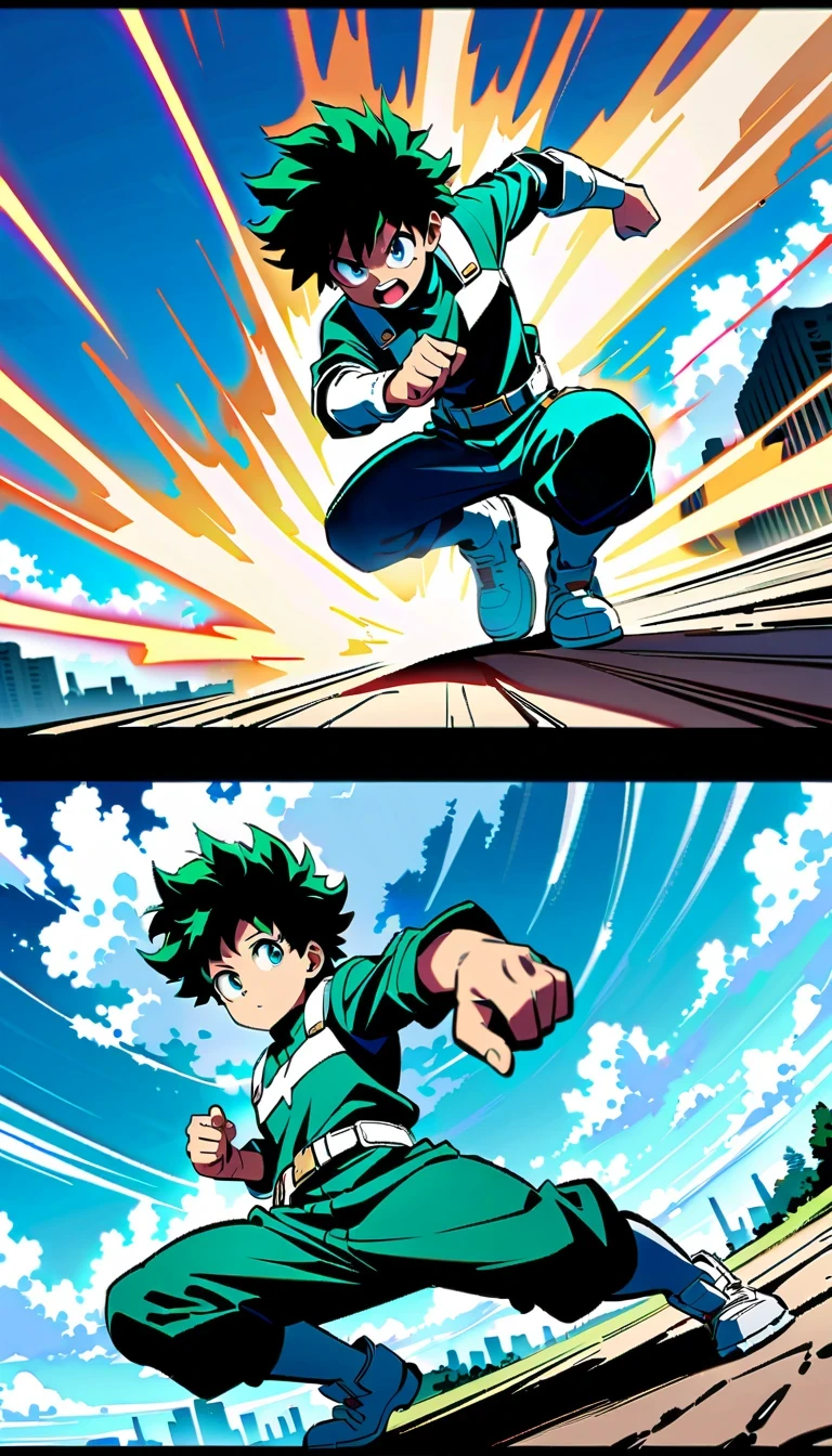 whole body, Izuku Midoriya, Green-haired boy with blue eyes, Wearing a green and white hero costume, Izuku Midoriya出自《my hero academia》, crackling sounds around the hands,Ready to fight, dynamic action poses, Bright blue sky with fluffy clouds background, anime style illustration, 4K resolution, Highly detailed official artwork, Epic comic aesthetics