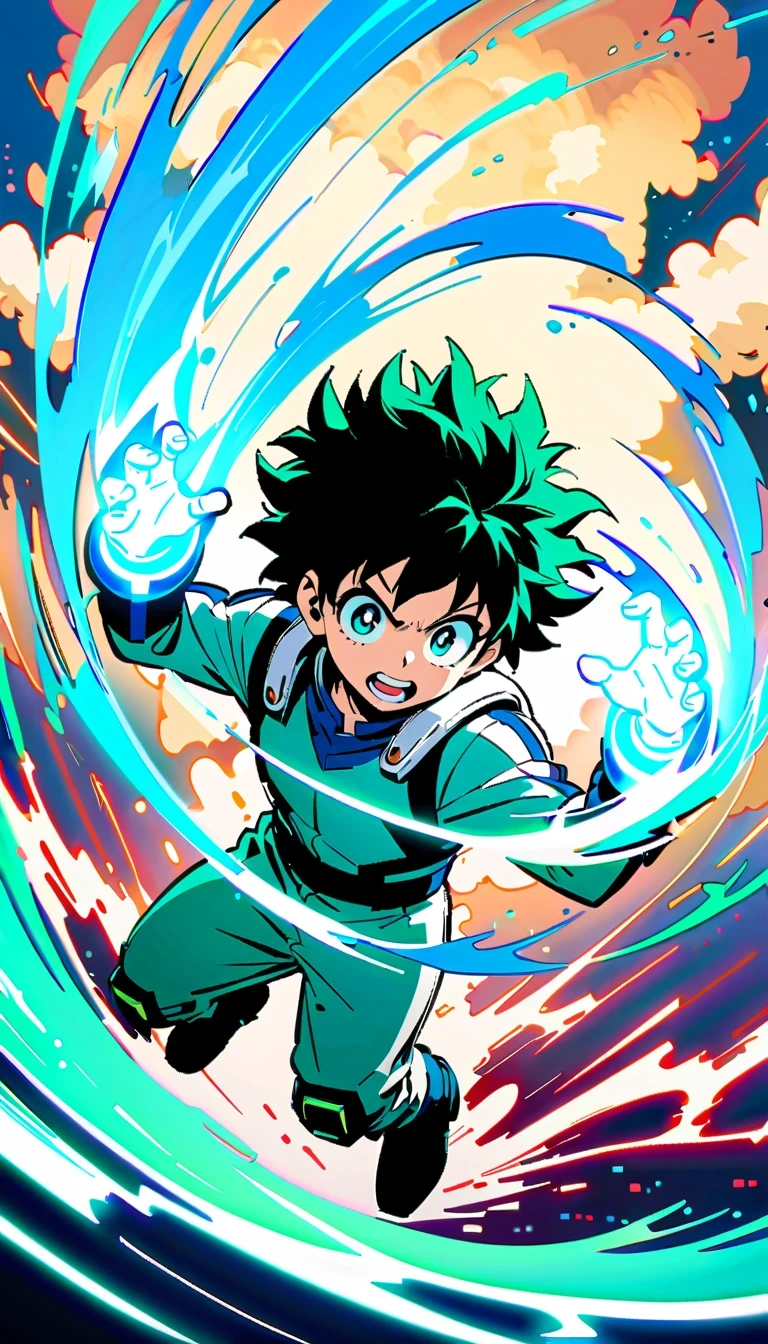 whole body, Izuku Midoriya, Green-haired boy with blue eyes, Wearing a green and white hero costume, Izuku Midoriya出自《my hero academia》, crackling sounds around the hands,Ready to fight, dynamic action poses, Bright blue sky with fluffy clouds background, anime style illustration, 4K resolution, Highly detailed official artwork, Epic comic aesthetics