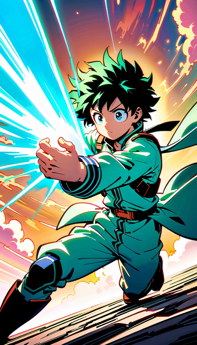 whole body, Izuku Midoriya, Green-haired boy with blue eyes, Wearing a green and white hero costume, Izuku Midoriya出自《my hero academia》, crackling sounds around the hands,Ready to fight, dynamic action poses, Bright blue sky with fluffy clouds background, anime style illustration, 4K resolution, Highly detailed official artwork, Epic comic aesthetics