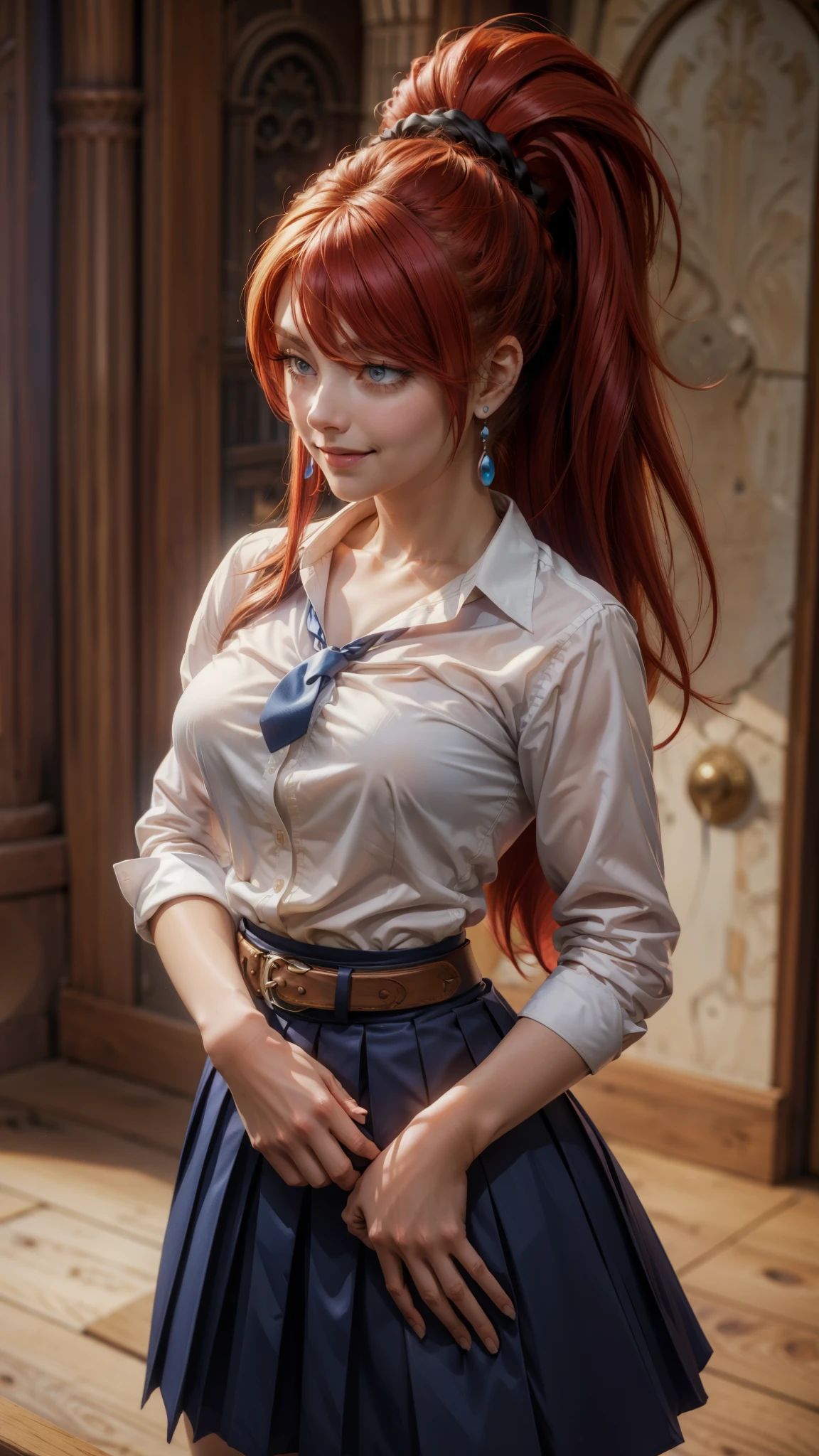 (masterpiece, best quality), intricate details, maya1hit, 1girl, red hair, long hair, ponytail, hair between eyes, scrunchie, red eyes, jewelry, earrings, large breasts,  collarbone, , shirt, white shirt, collared shirt, blazer, necktie, skirt, blue skirt, pleated skirt, smile, cowboy shot,   