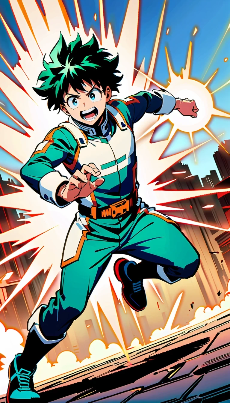 whole body, Izuku Midoriya, Green-haired boy with blue eyes, Wearing a green and white hero costume, Izuku Midoriya出自《my hero academia》, crackling sounds around the hands，Ready to fight, dynamic action poses, Bright blue sky with fluffy clouds background, anime style illustration, 4K resolution, Highly detailed official artwork, Epic comic aesthetics
