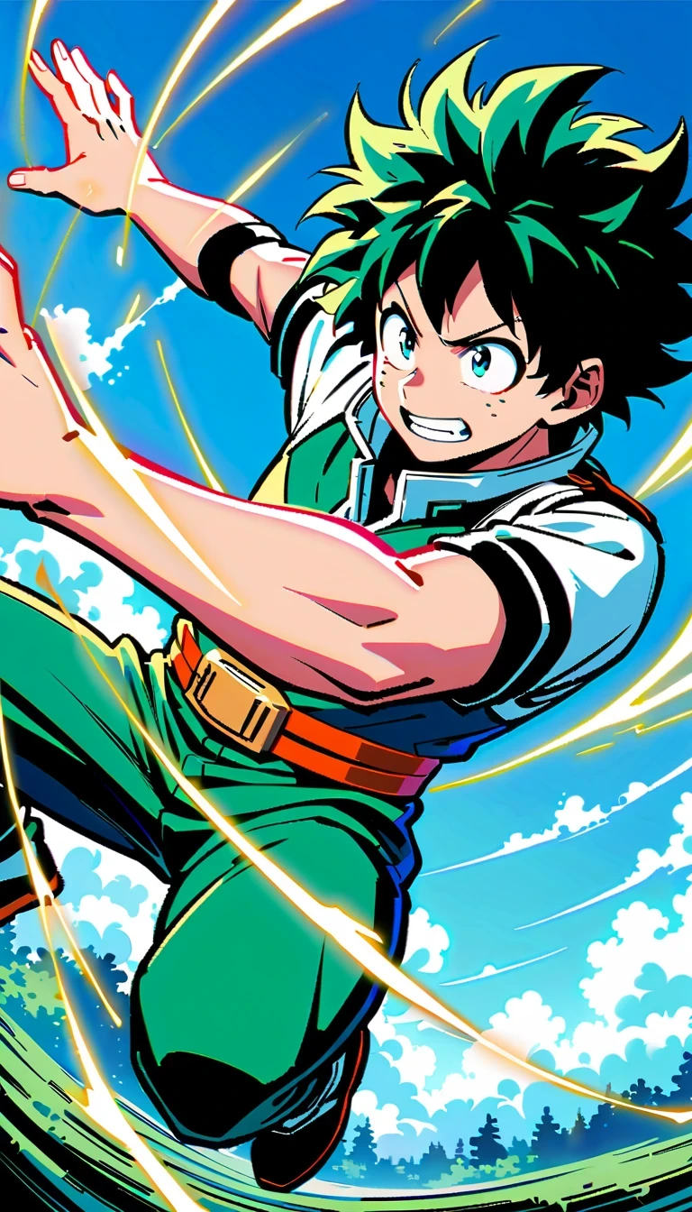 whole body, Izuku Midoriya, Green-haired boy with blue eyes, Wearing a green and white hero costume, Izuku Midoriya出自《my hero academia》, crackling sounds around the hands，Ready to fight, dynamic action poses, Bright blue sky with fluffy clouds background, anime style illustration, 4K resolution, Highly detailed official artwork, Epic comic aesthetics
