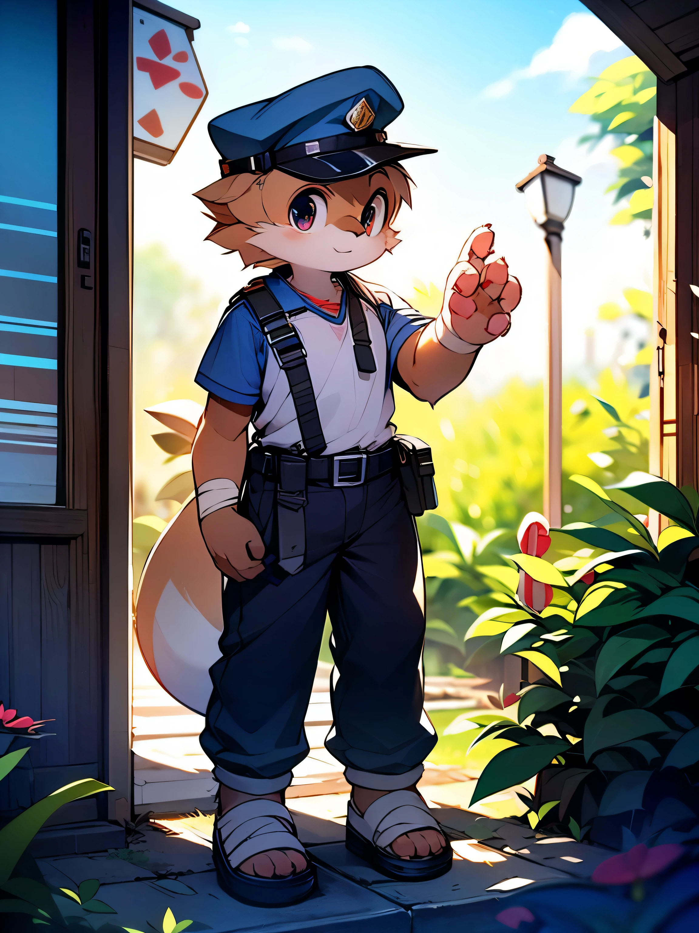 photo，alone，Strong，warrior，Red Dragon，police officer，male，Red Dragon，police uniform，brown work pants，scarf，Put a bandage around your wrist，metal shin guards，black eyes，black belt，（piece）Plush tail，Plush paw，confident expression，Determined gaze，bright and vibrant eyes（masterpiece）（high quality）（clear structure）（extremely detailed background）（extremely detailed characters），whole body，stand