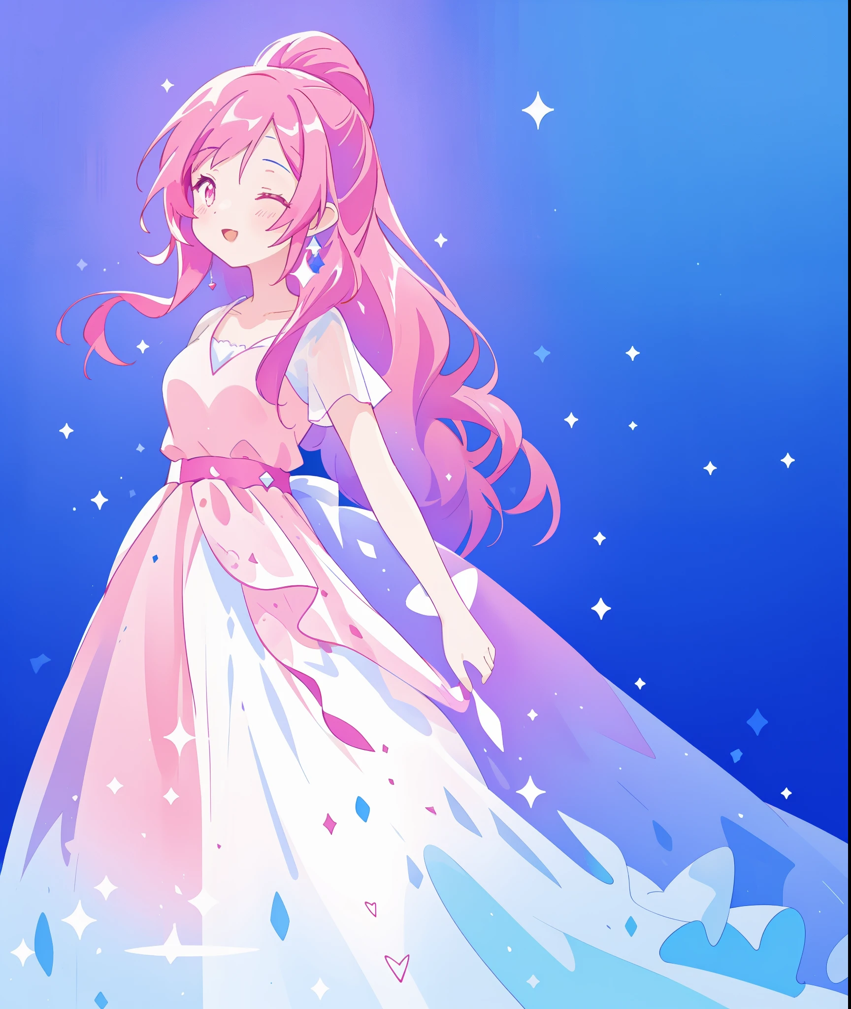 beautiful girl in sparkling flowing gradient fantasy ballgown, long flowing dark pink hair, colorful fantasia background, watercolor illustration, disney art style, glowing aura around her, glowing lights, beautiful digital illustration, beautiful, masterpiece, best quality, anime disney style