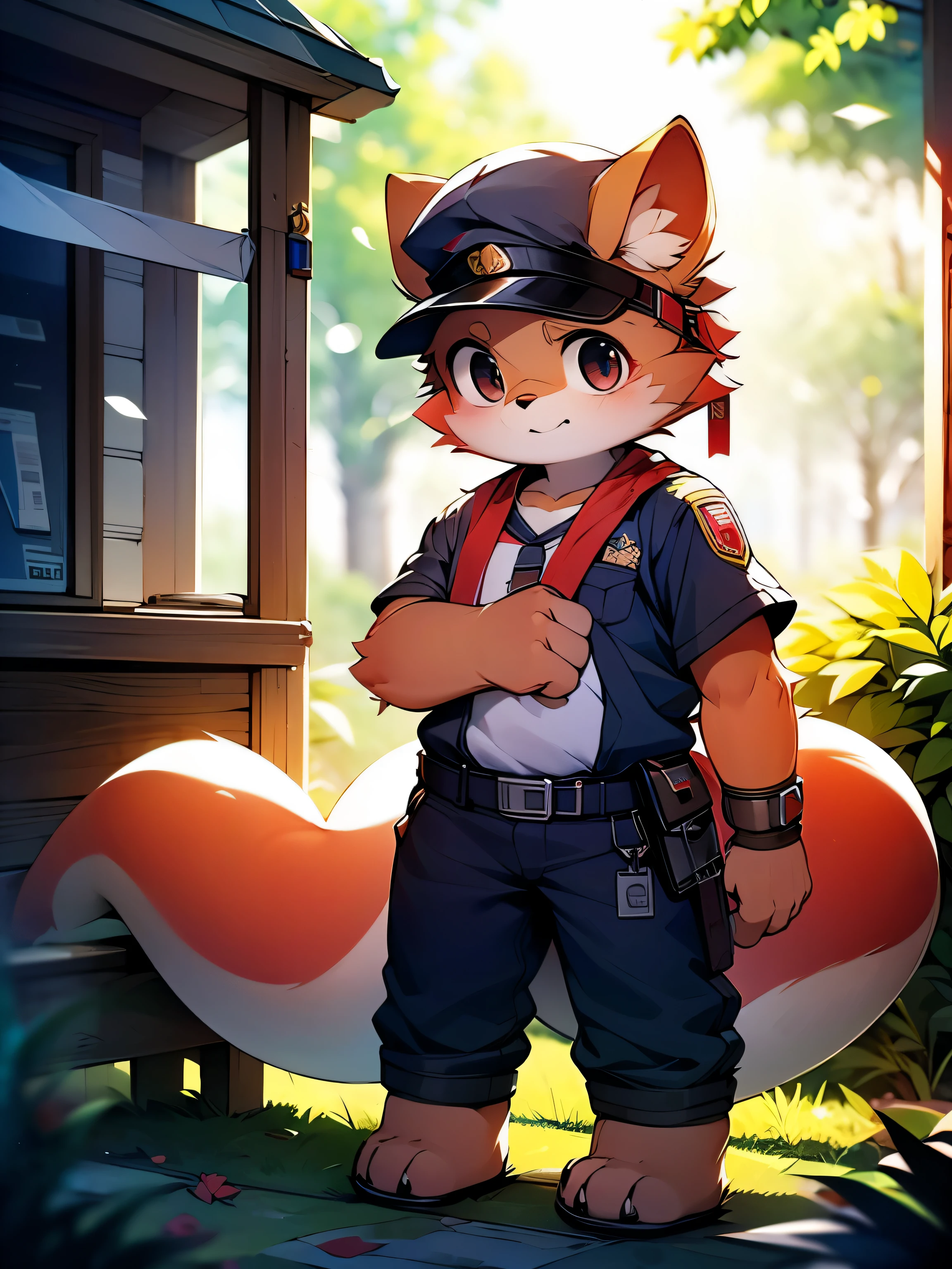 photo,alone,Strong,warrior,Red Dragon,police officer,male,Red Dragon,police uniform,brown work pants,scarf,Put a bandage around your wrist,metal shin guards,black eyes,black belt,(piece)Plush tail,Plush paw,confident expression,Determined gaze,bright and vibrant eyes(masterpiece)(high quality)(clear structure)(extremely detailed background)(extremely detailed characters),whole body,stand