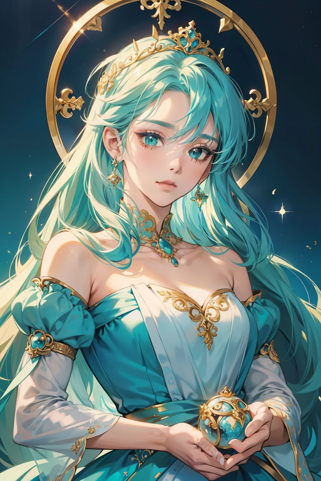 (Ultra-detailed, anime-inspired depiction) of Disney Princess Cinderella:
(1.4 masterpiece ratio),
(Anime-styled, intricately detailed face, with expressive eyes),
(Delicate, shimmering skin tone, perfectly capturing Cinderella's ethereal beauty),
Detailed anime-inspired costume:
(Turquoise and gold-accented ball gown, flowing and adorned with intricate patterns),
(Glass slipper, redesigned in a unique anime style, with intricate details and textures),
A stunning anime-style background:
(Prince's castle, ad