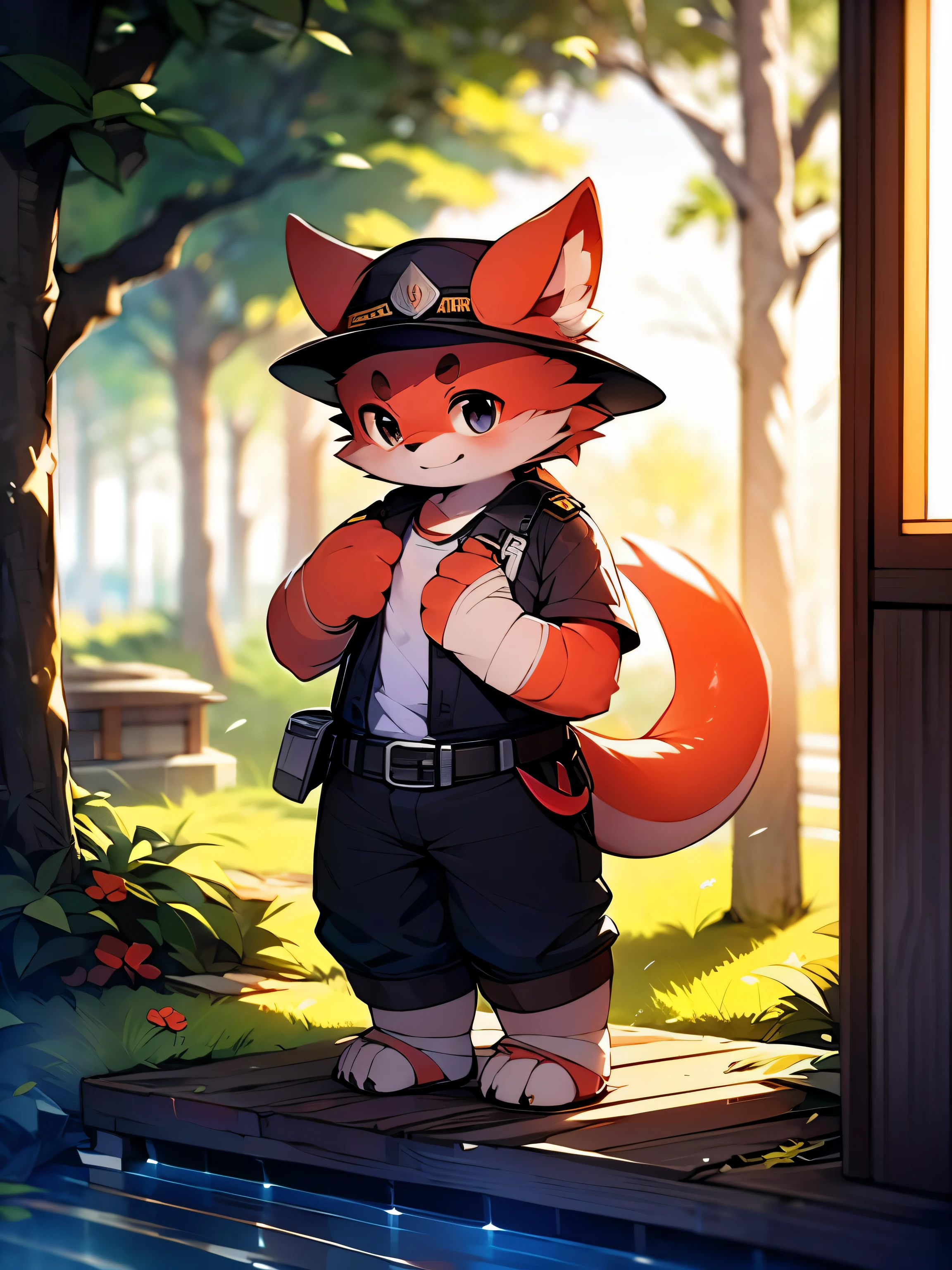 photo，alone，Strong，warrior，Red Dragon，police officer，male，Red Dragon，police uniform，brown work pants，scarf，Put a bandage around your wrist，metal shin guards，black eyes，black belt，（piece）Plush tail，Plush paw，confident expression，Determined gaze，bright and vibrant eyes（masterpiece）（high quality）（clear structure）（extremely detailed background）（extremely detailed characters），whole body，stand