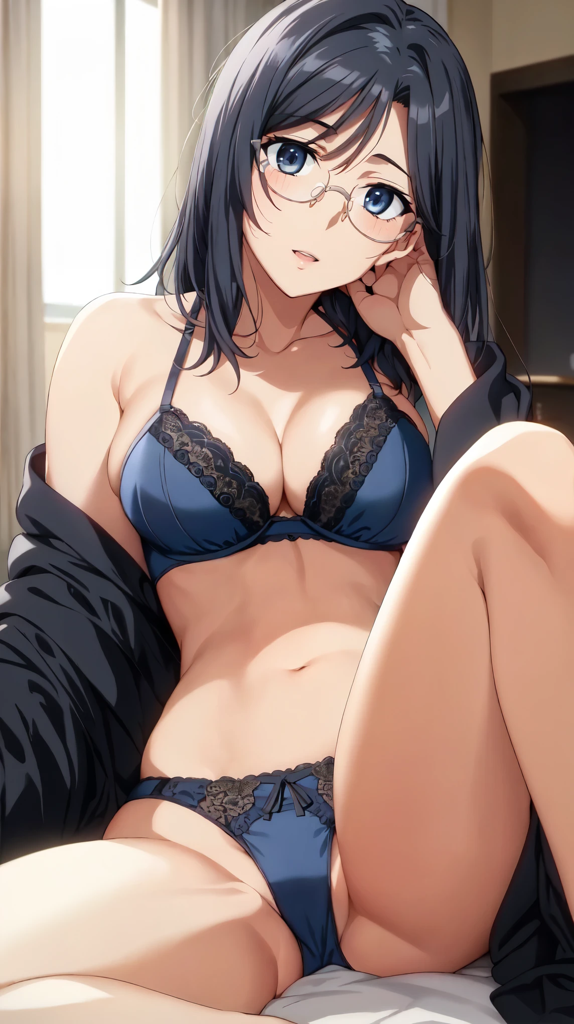 (masterpiece, highest quality, High resolution),(beautiful face:1.2), morning, anime,(medium hair:1.3), (black hair, blue eyes, Glasses,:1.3),(vivid color,bright light),(Aesthetic Anime Eyes:1.2),slender,straight hair,(nsfw),(black underwear:1.4),(luxury underwear:1.3),(26 years old:1.2),(large breasts:1.4),cleavage, indoors, sitting,spread my legs, smile,blush, open your mouth a little, Thigh,,embarrassing,(black underwear:1.4),