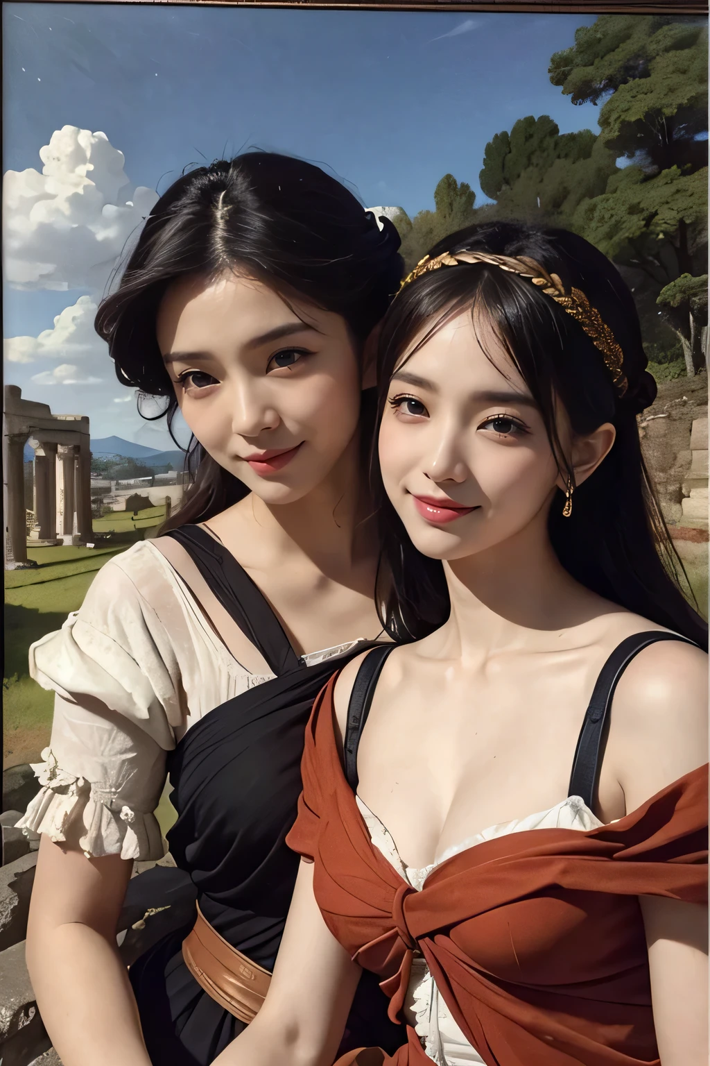 ancient roman sculpture,Ancient Roman ruins,Poussin-style landscape,A smile,,Sweet and seductive appearance.、Caravaggio's paintings、Chiaroscuro of Caravaggio、Hair disheveled in the wind,Two women frolicking,Cute smile, Expression of ecstasy,A sexy