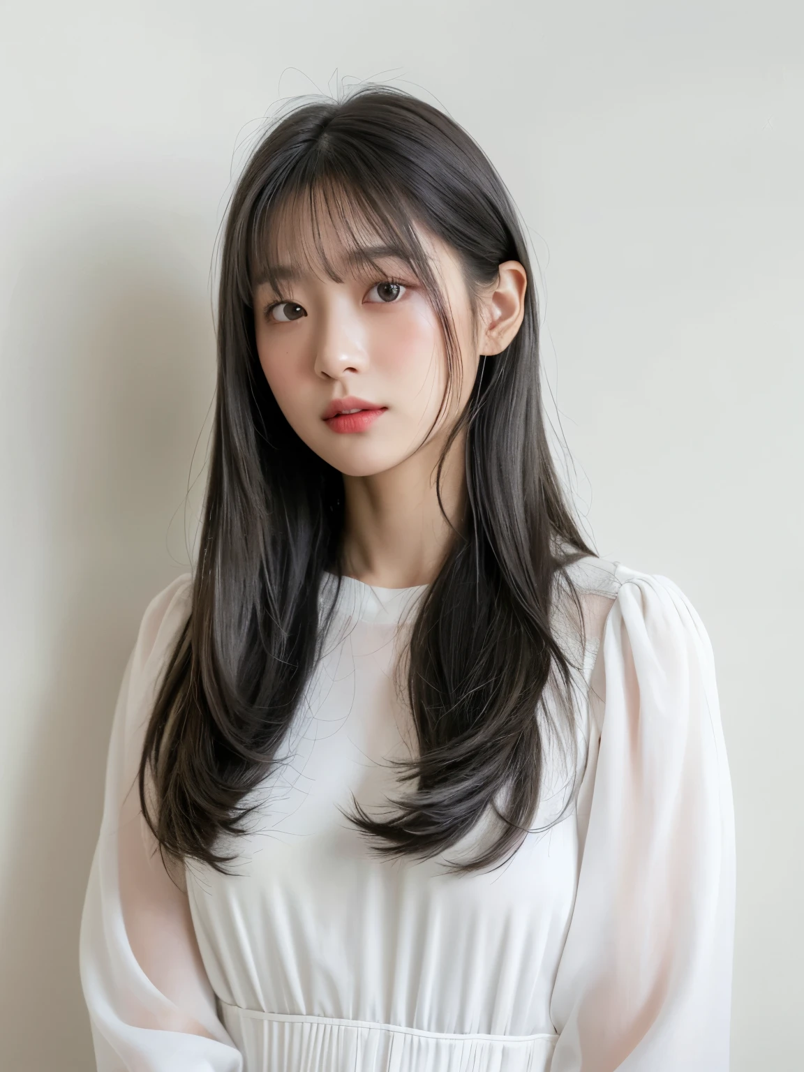 White long-sleeved dress、table top、Silky hair、(white wall in the background、Some of my hair is gray:1.4)、Taken in front of the white door、((highest quality、8K、masterpiece:1.3))、ultra high resolution、(photogenuineistic:1.4)、RAW photo、30 year old woman、Japanese,(face)、genuine、Photographed in natural light、Highly detailed face and skin texture、highly detailed lips、correct state of the human body、bob、bobカット、切りっぱなしbob、black hair、various poses、natural color lip