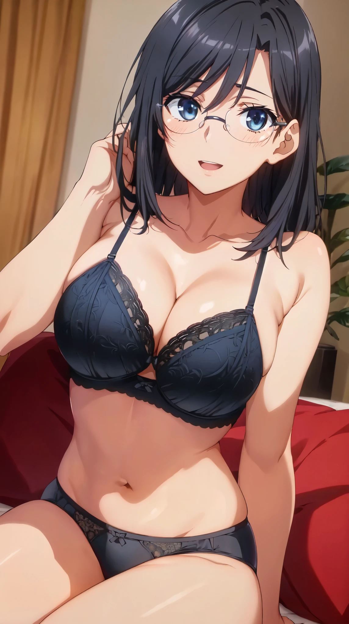 (masterpiece, highest quality, High resolution),(beautiful face:1.2), morning, anime,(medium hair:1.3), (black hair, blue eyes, Glasses,:1.3),(vivid color,bright light),(Aesthetic Anime Eyes:1.2),slender,straight hair,(nsfw),(black underwear:1.4),(luxury underwear:1.3),(26 years old:1.2),(large breasts:1.4),cleavage, indoors, sitting,spread my legs, smile,blush, open your mouth a little, Thigh,,embarrassing,(black underwear:1.4),