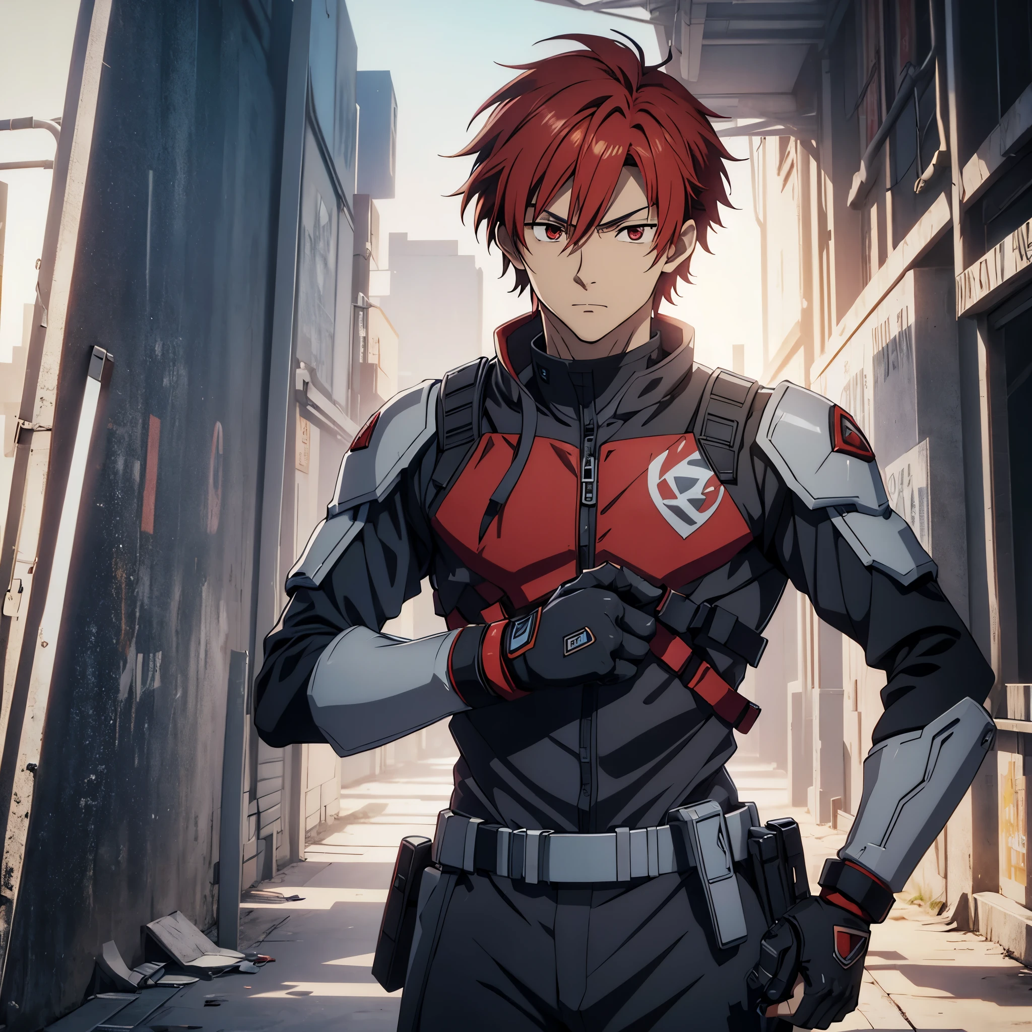 
1 male, solo, red hair , 17 years old, anime character wearing combat suit, kaworu nagisa, anime handsome man, male anime character, tall anime guy with red eyes, hajime yatate, anime, fubuki, action anime pose, yukito kishiro, young anime man, official art, makoto kano, male anime style, masterpiece, rtx, ray tracing, highly detailed, best quality, official art