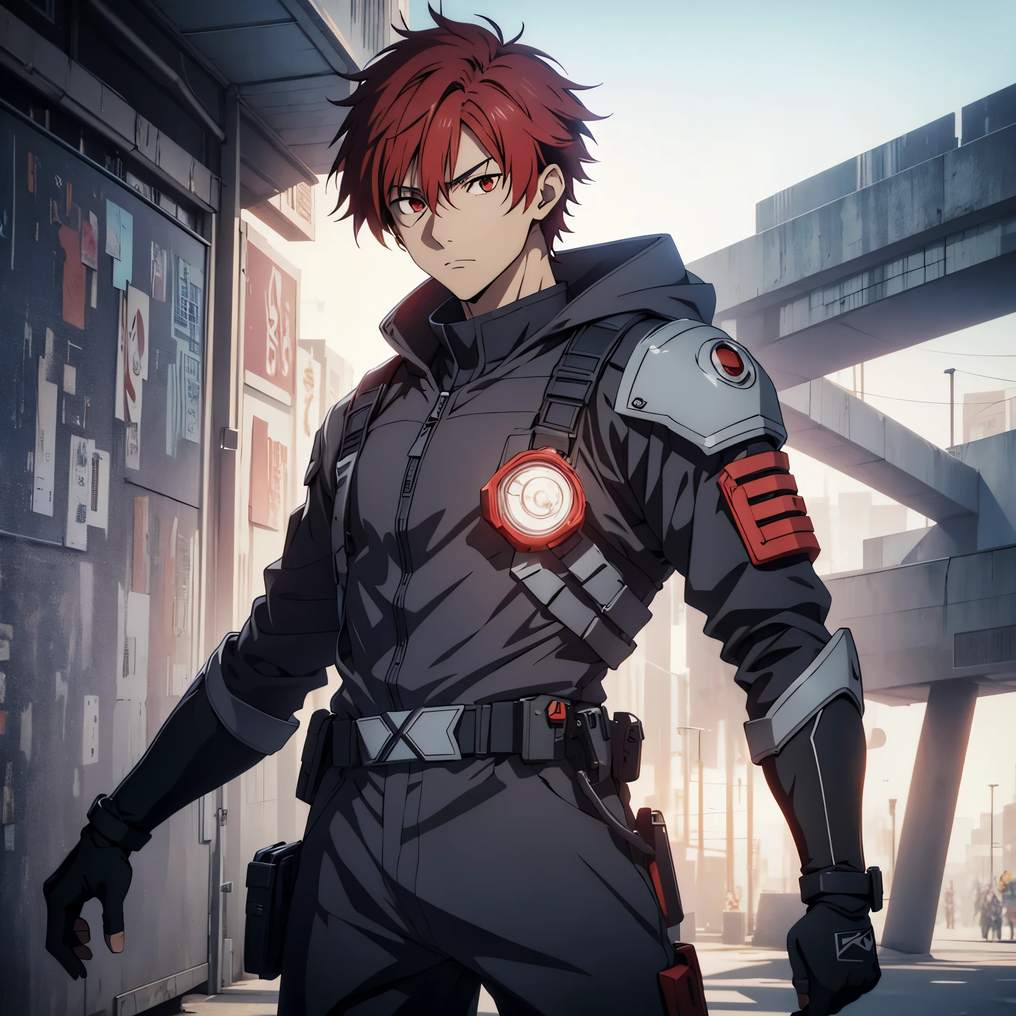 1 male, solo, red hair , 17 years old, anime character wearing combat suit, kaworu nagisa, anime handsome man, male anime character, tall anime guy with red eyes, hajime yatate, anime, fubuki, action anime pose, yukito kishiro, young anime man, official art, makoto kano, male anime style, masterpiece, rtx, ray tracing, highly detailed, best quality, official art