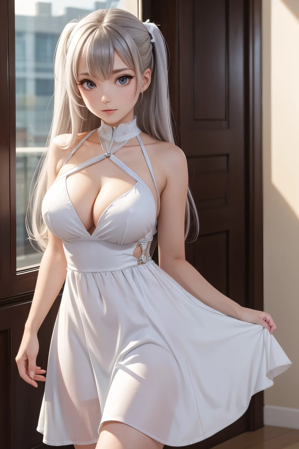 1girl, st. louis (azur lane), standing, upper body, dress, silver dress, (revealing clothes:1.3), scenery,, anirl, best quality, ultra high res,