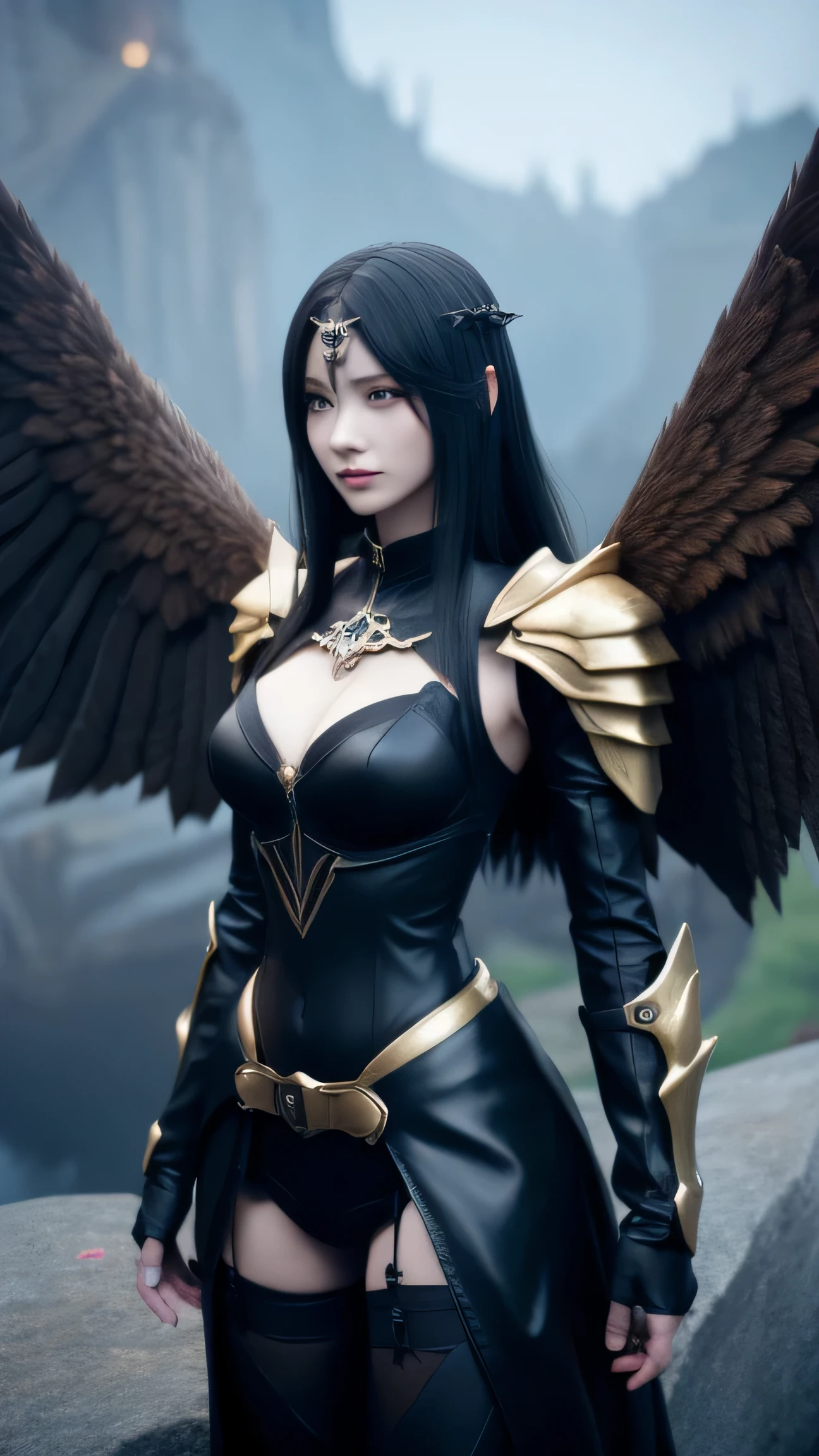 a woman in a black outfit with wings standing on a rock, angel knight gothic girl, villainess has black angel wings, as a mystical valkyrie, angel knight girl, artgerm ; 3d unreal engine, wearing fantasy armor, raven winged female vampire, angel in plastic armor, unreal engine fantasy art, mystical valkyrie, beautiful cyborg angel girl, stunning armor